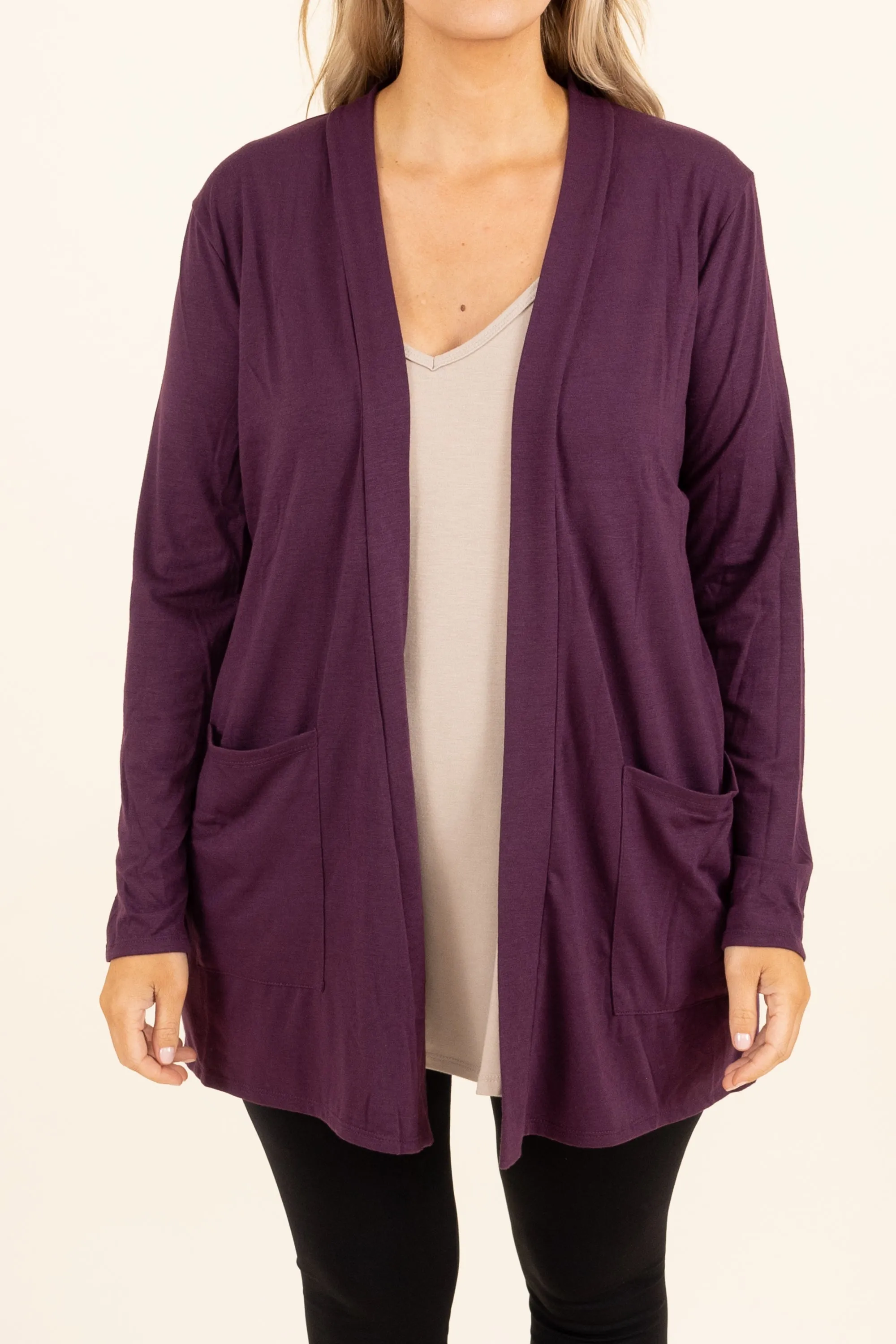 Kindness and Compassion Cardigan, Eggplant