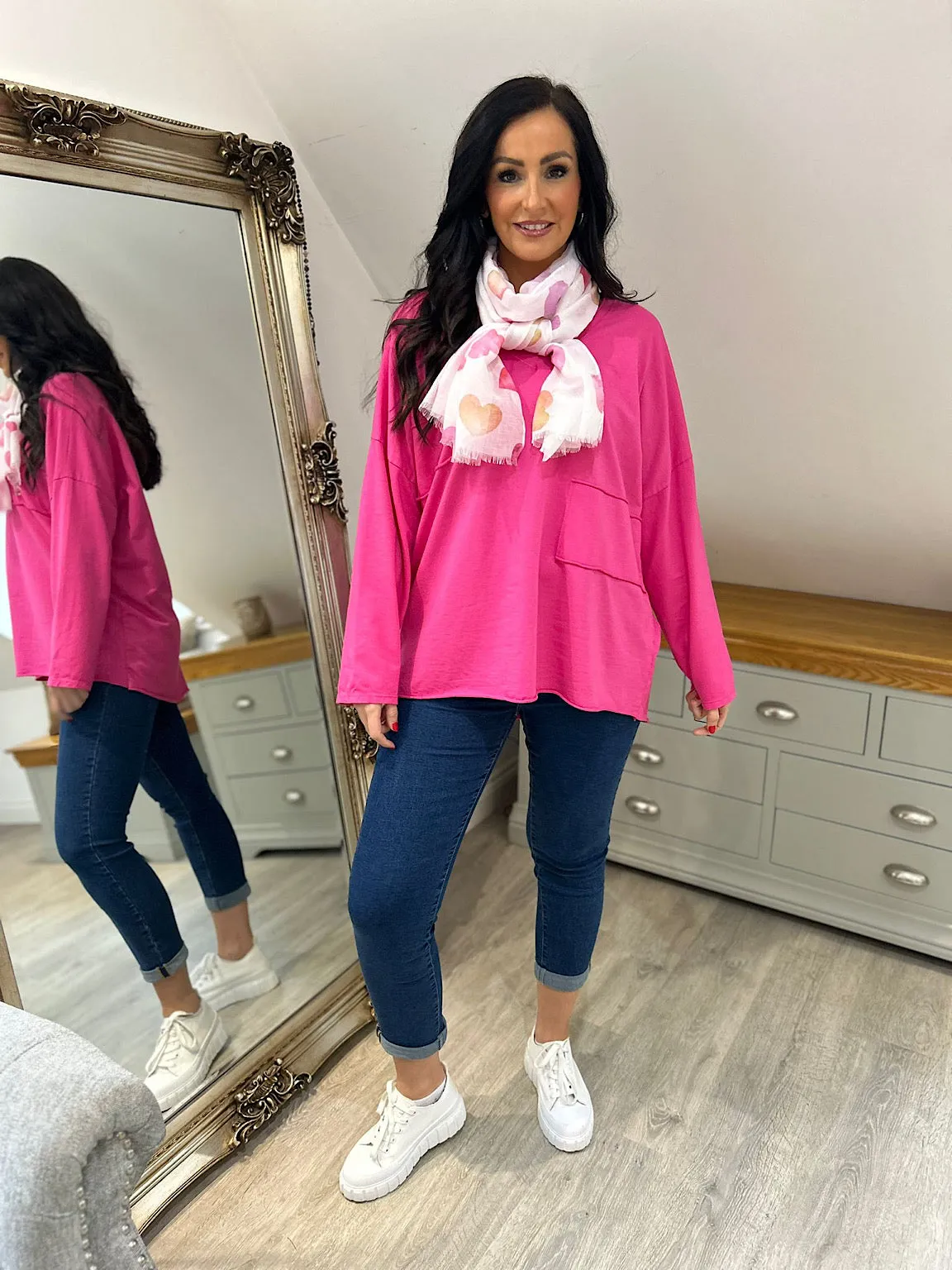 Lipstick Pink Long Sleeve Cross V Neck Top Tori