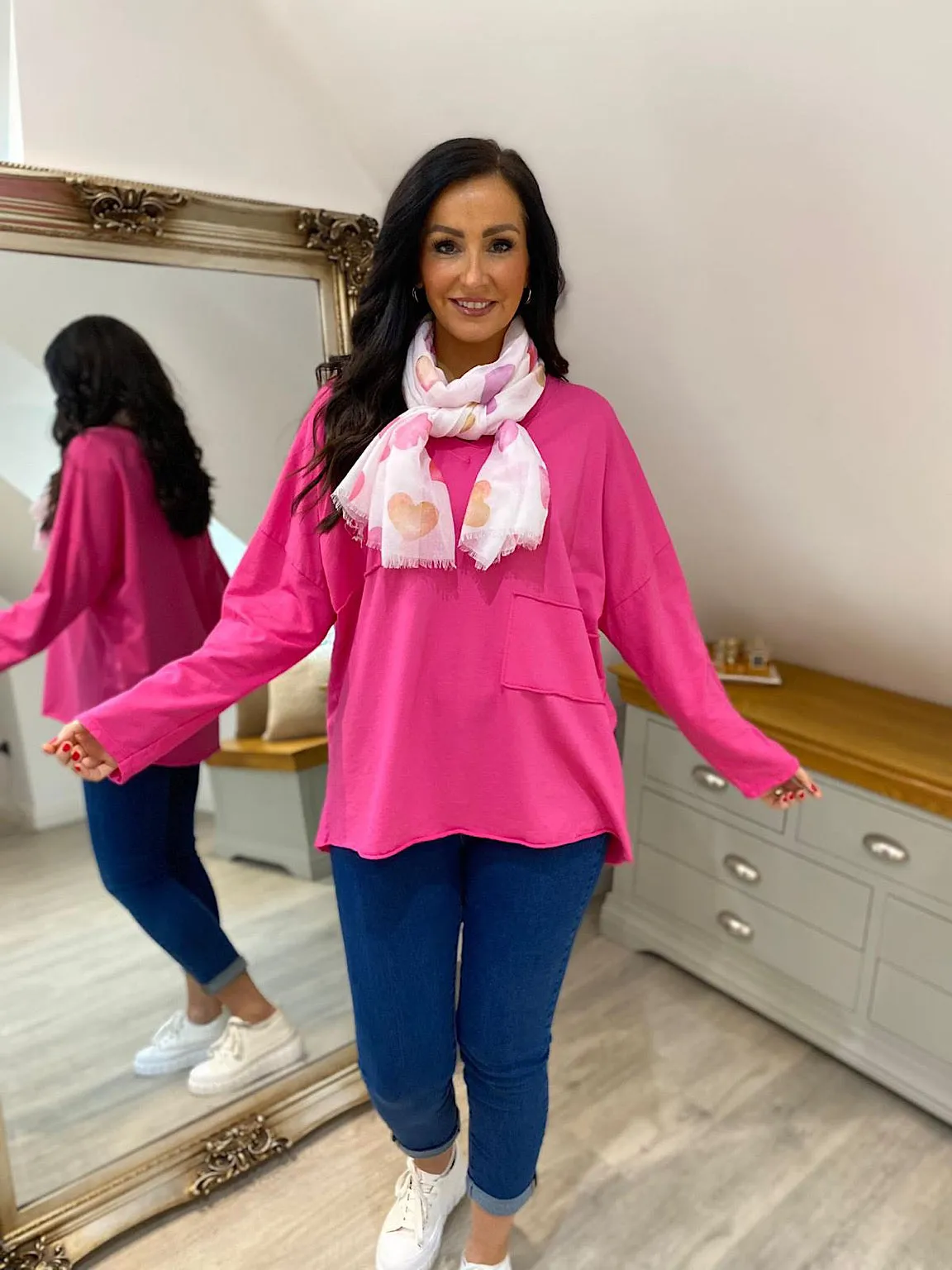 Lipstick Pink Long Sleeve Cross V Neck Top Tori