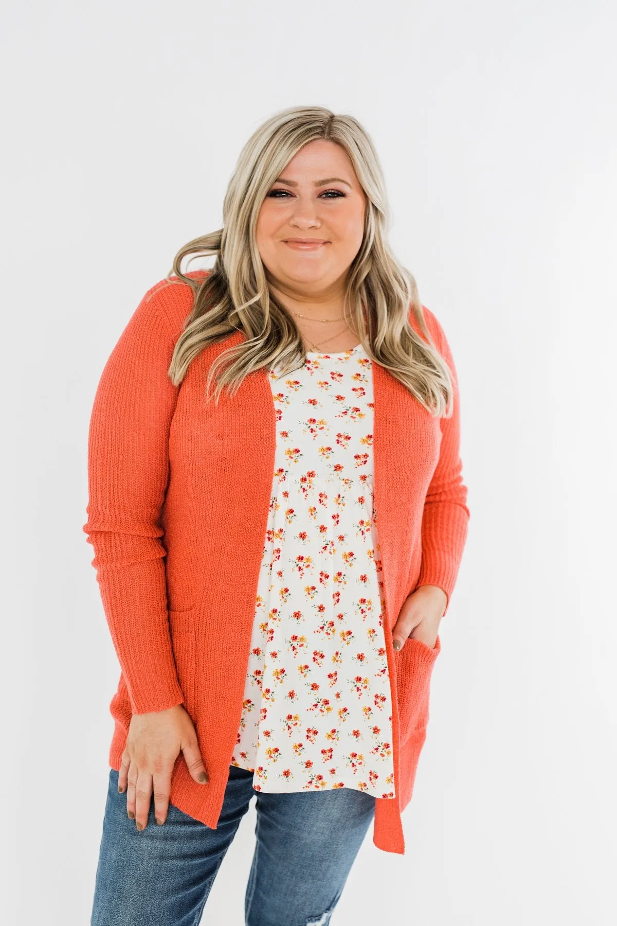 Long Sleeve Knit Cardigan- Coral