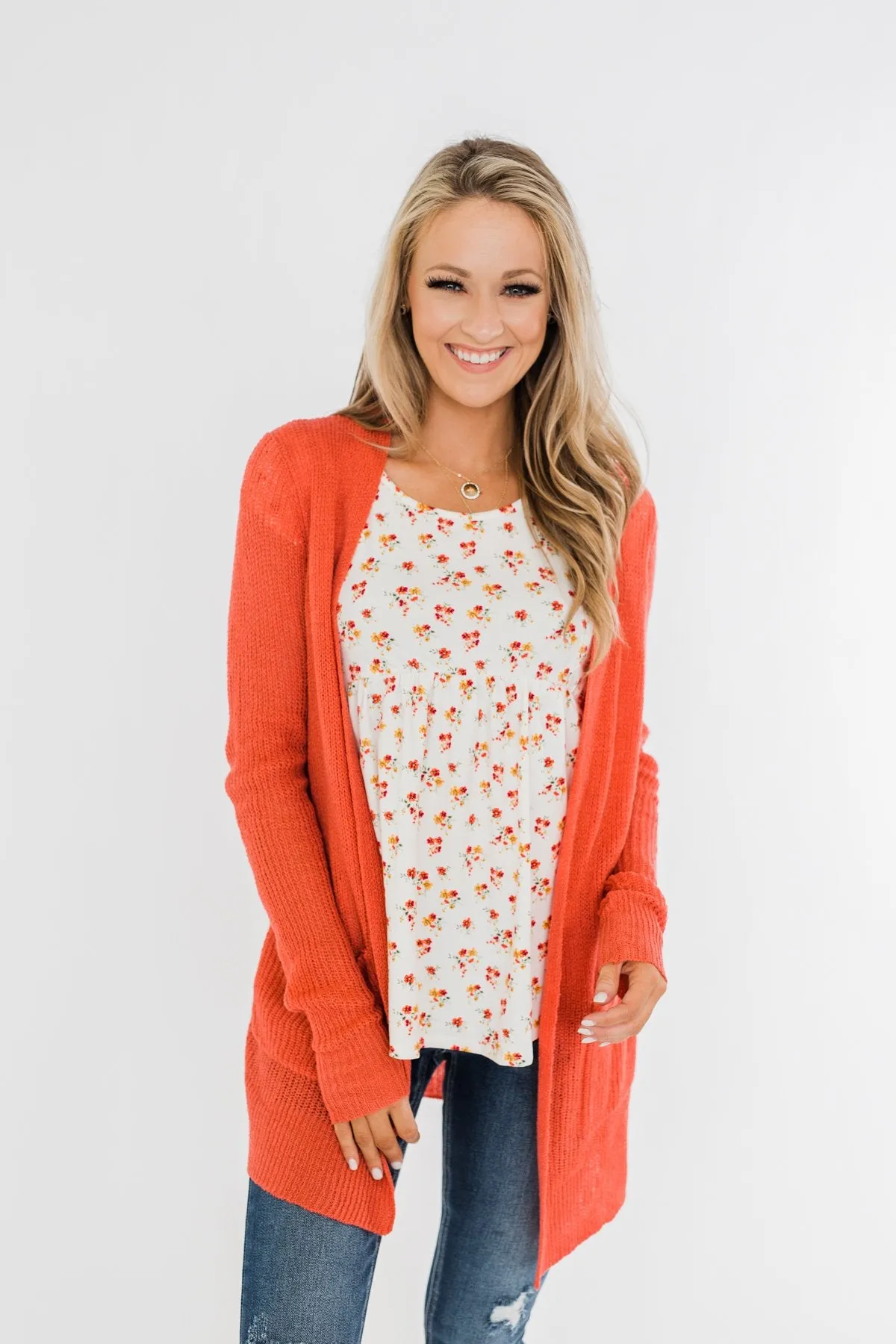 Long Sleeve Knit Cardigan- Coral