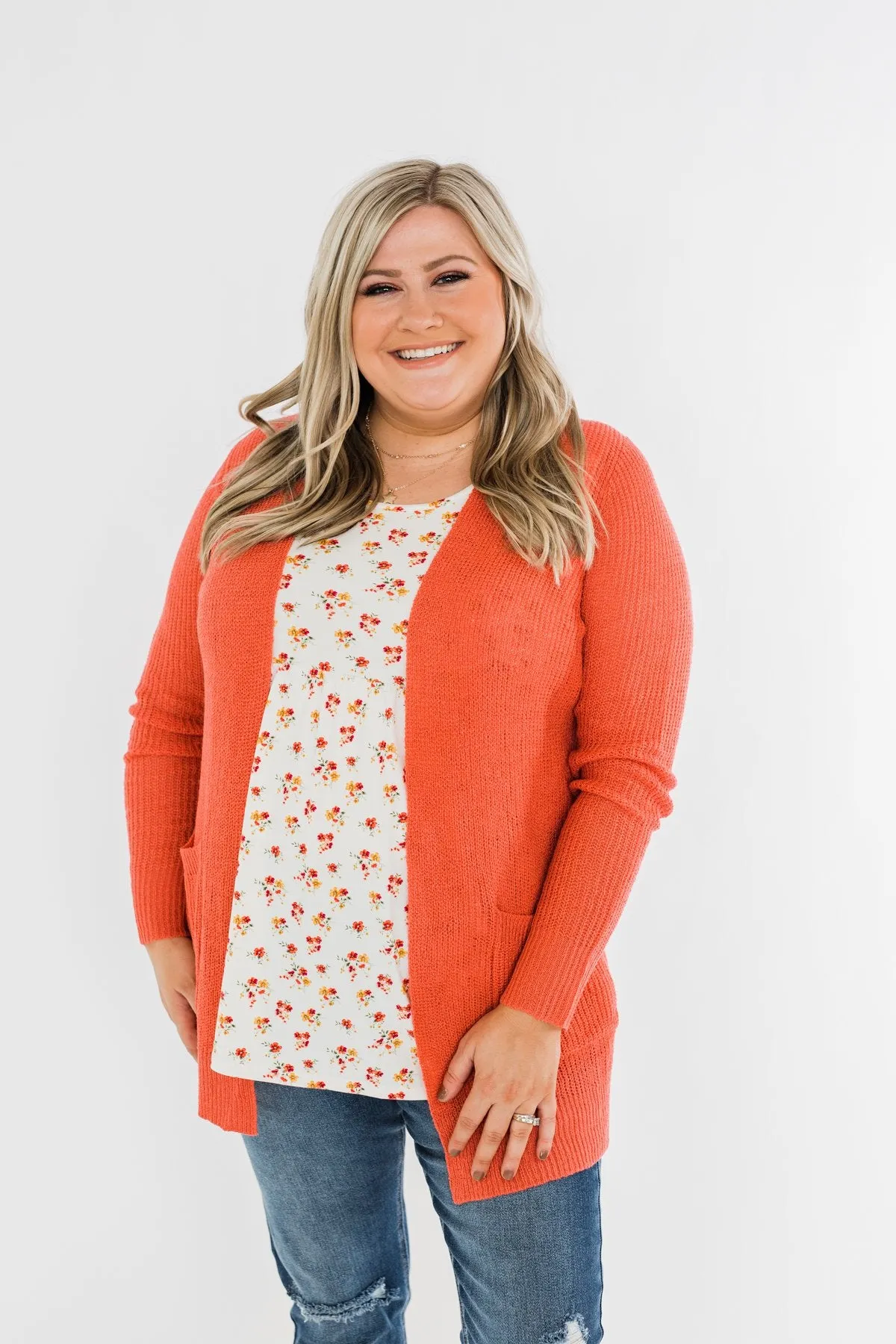 Long Sleeve Knit Cardigan- Coral