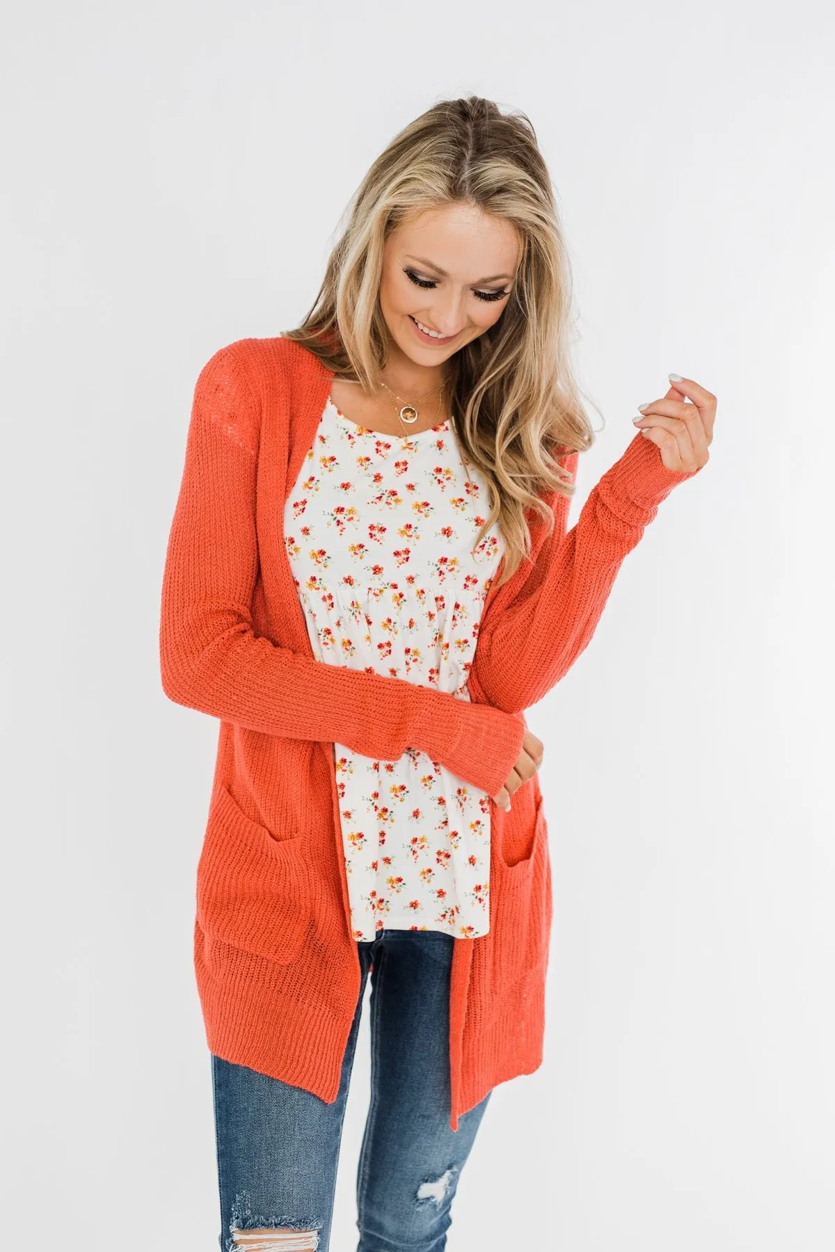 Long Sleeve Knit Cardigan- Coral