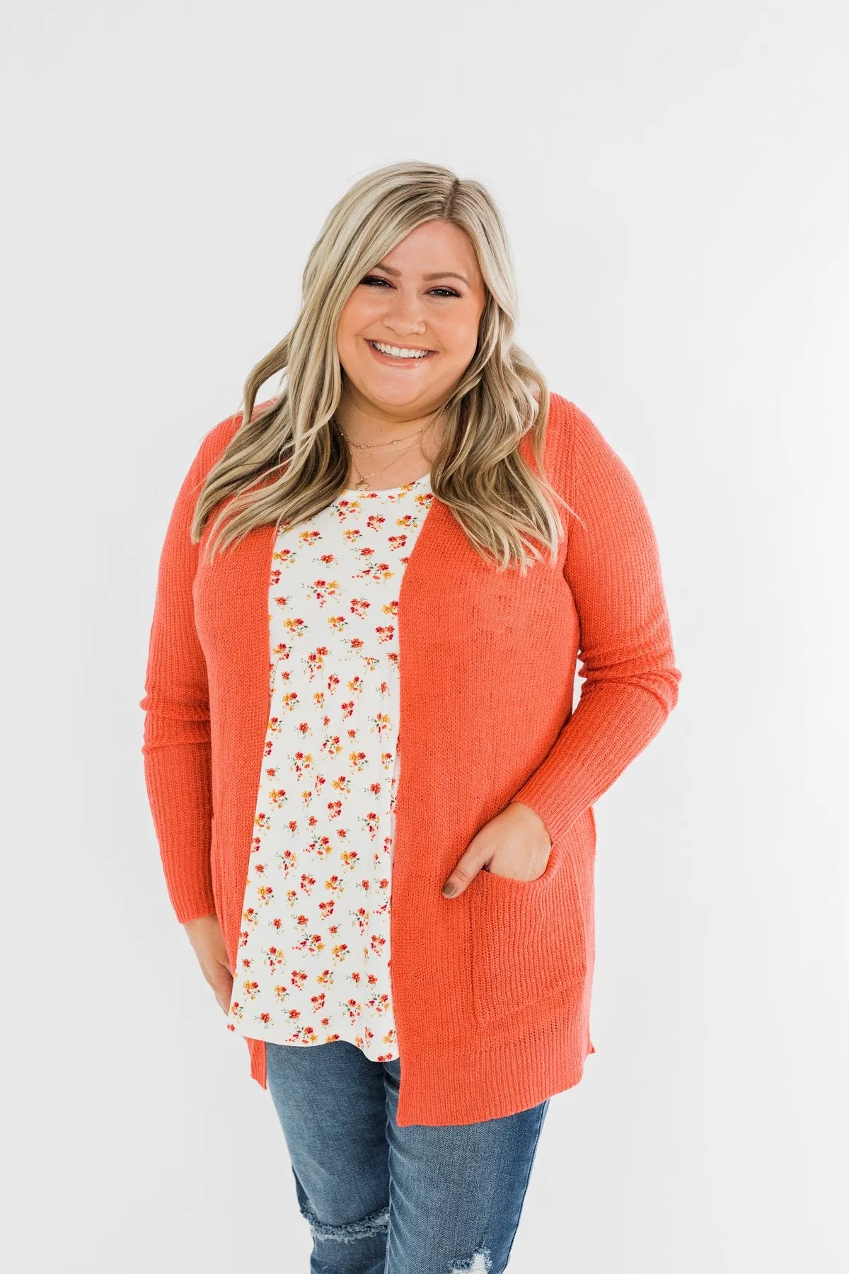 Long Sleeve Knit Cardigan- Coral