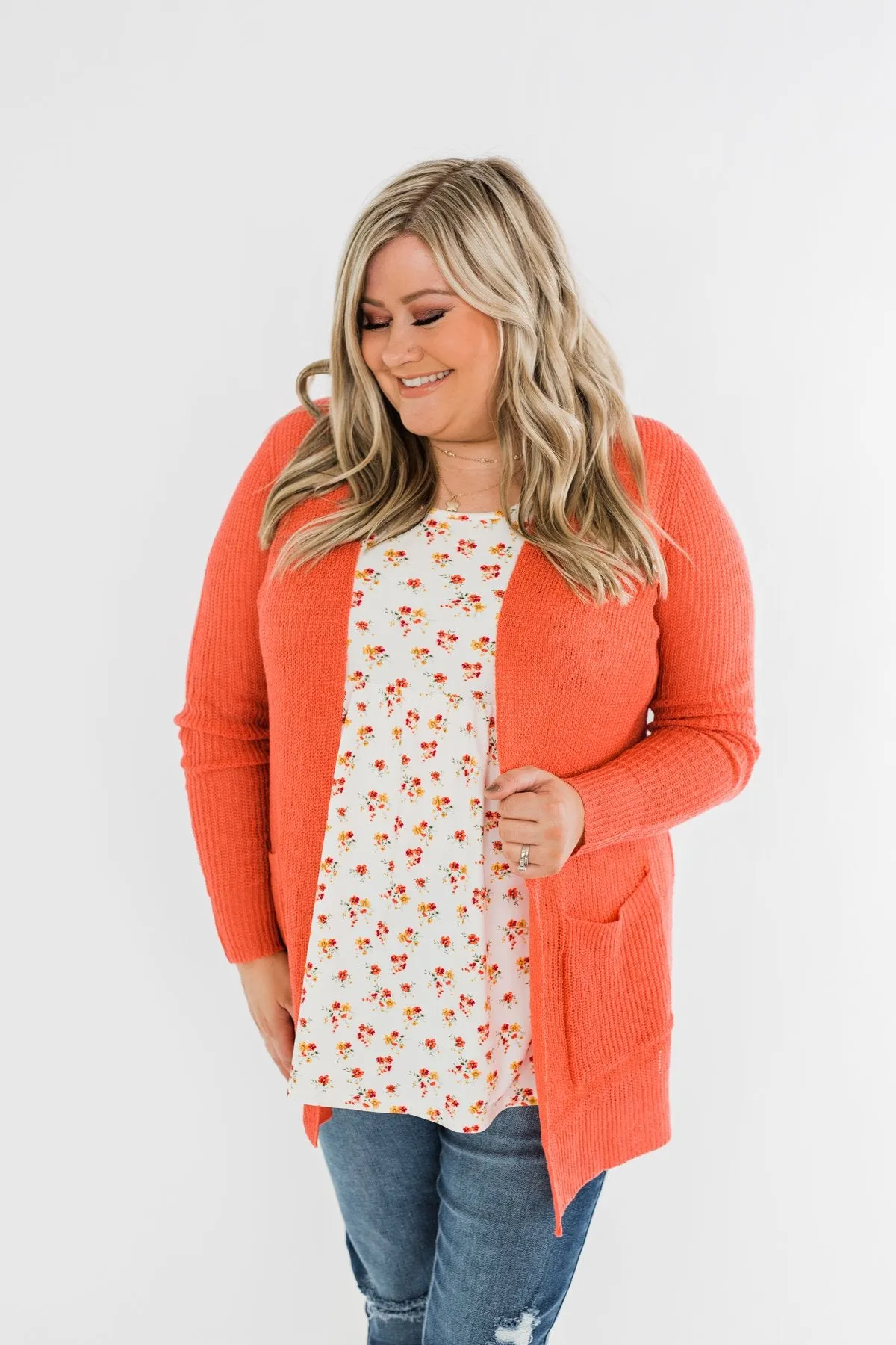 Long Sleeve Knit Cardigan- Coral