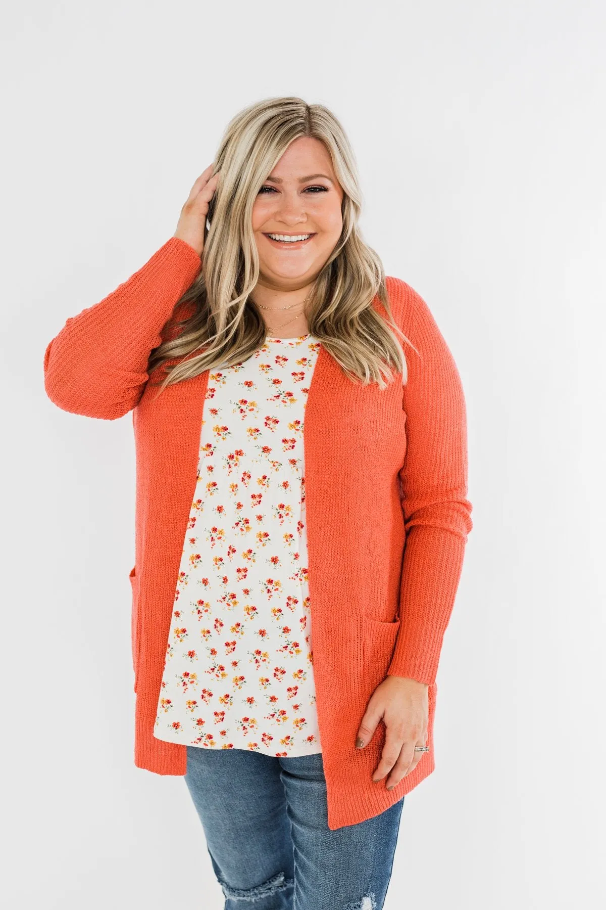 Long Sleeve Knit Cardigan- Coral