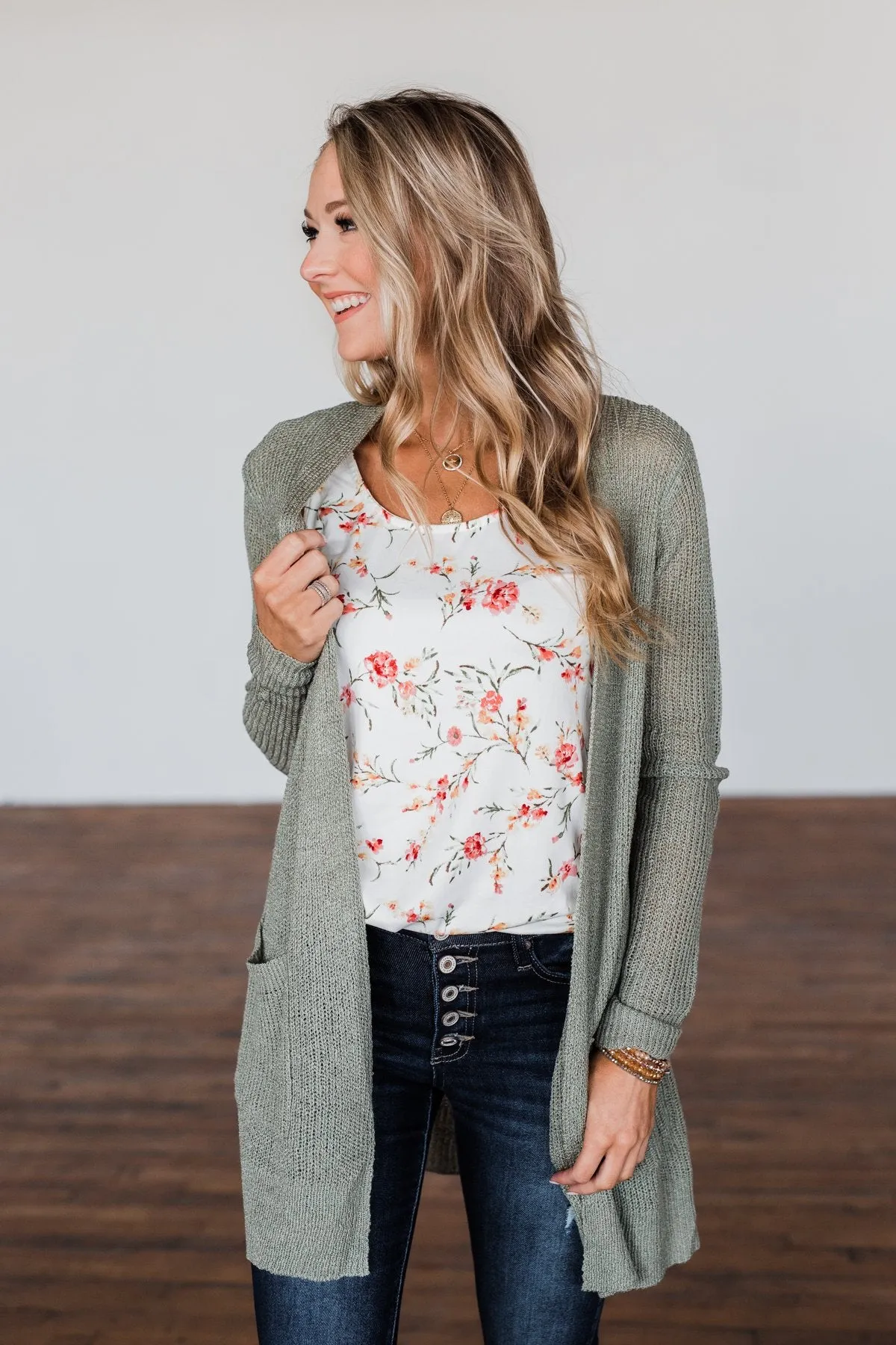 Long Sleeve Knit Cardigan- Sage