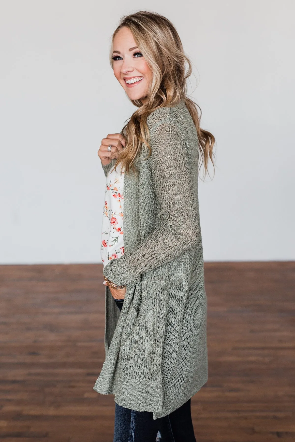 Long Sleeve Knit Cardigan- Sage