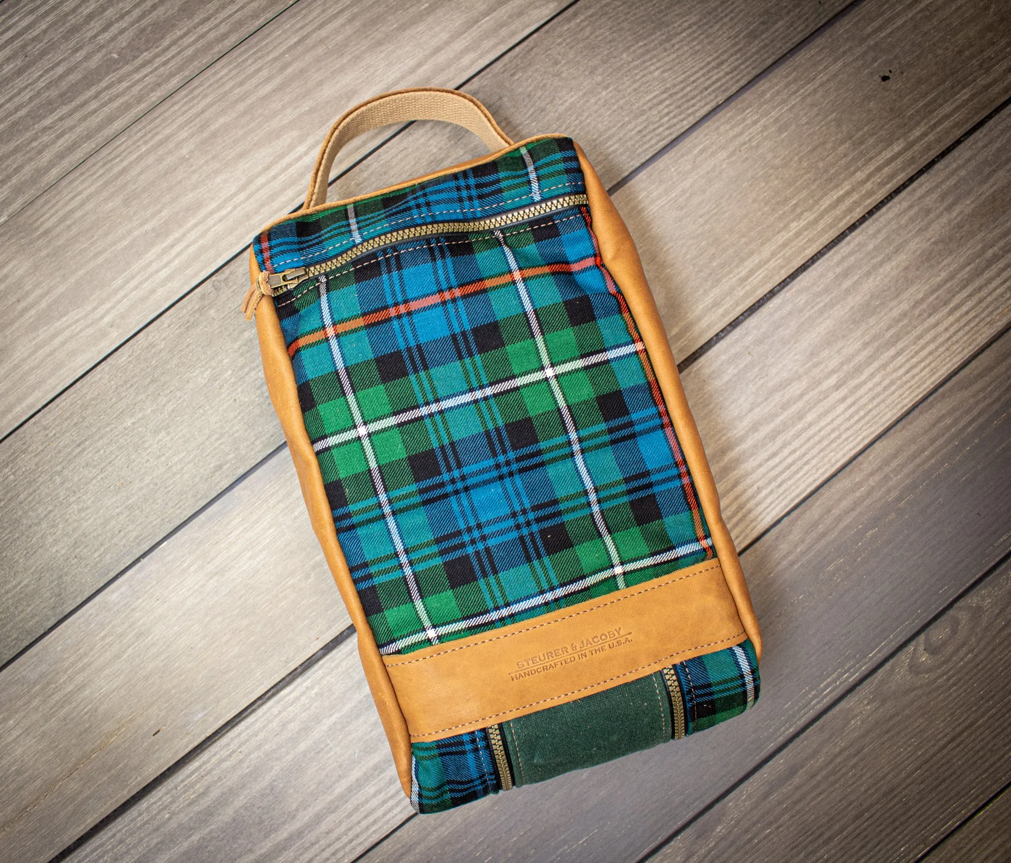 Mackenzie OC Tartan and Spruce Green with Natural Leather Shoe Bag