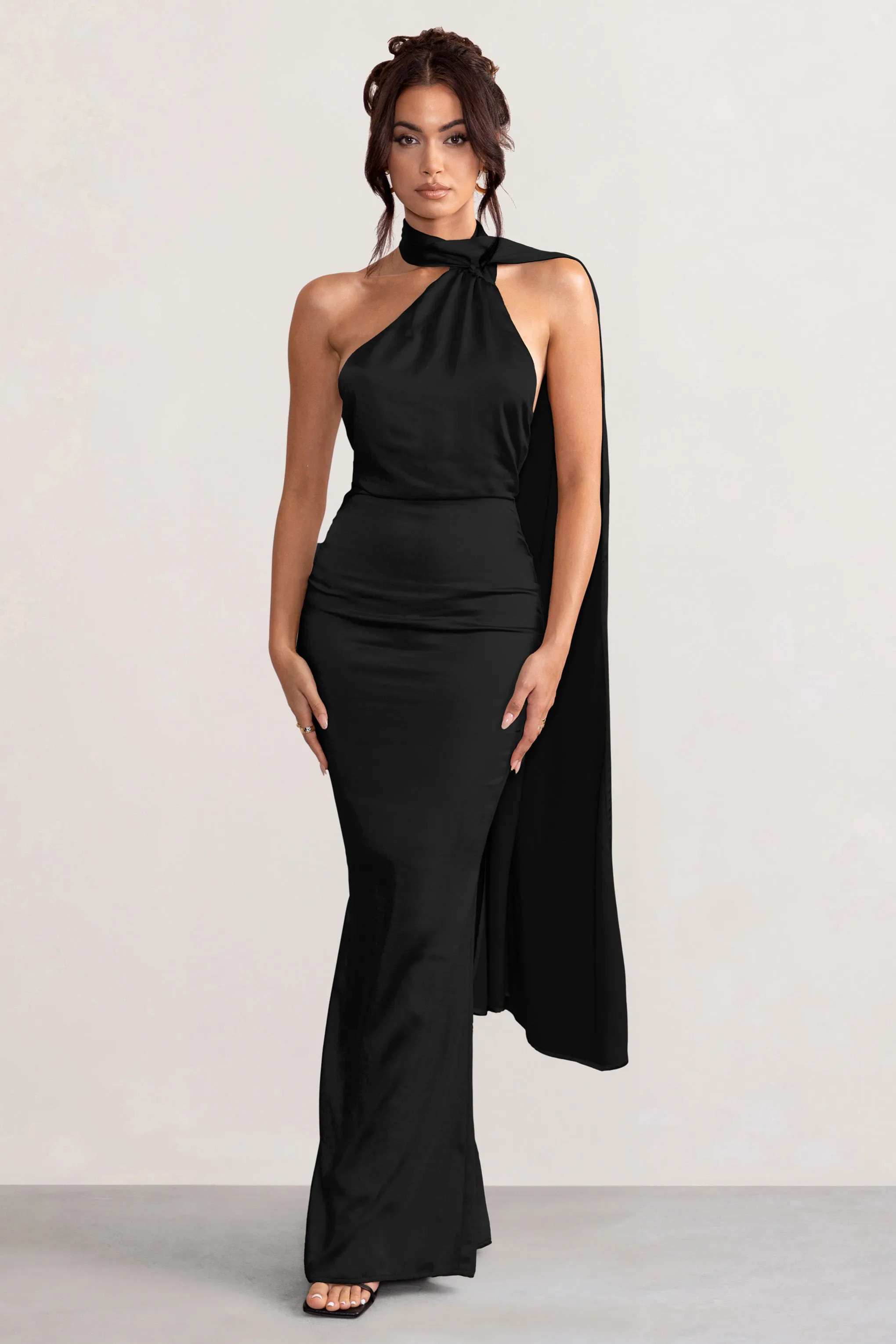 Mademoiselle | Black Satin Asymmetric Scarf Neck Backless Maxi Dress