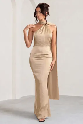 Mademoiselle | Champagne Satin Asymmetric Scarf Neck Backless Maxi Dress