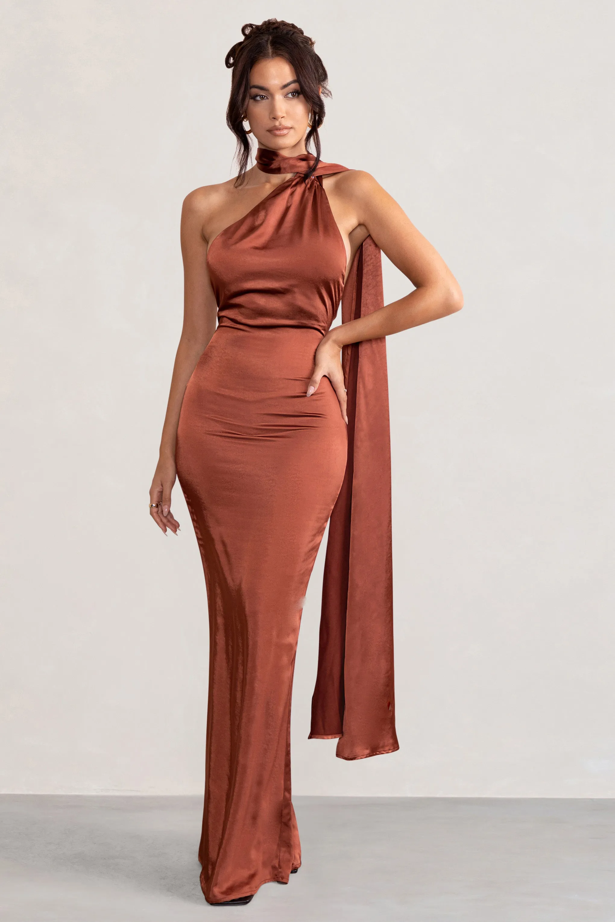 Mademoiselle | Rust Backless Satin Asymmetric Scarf Neck Maxi Dress