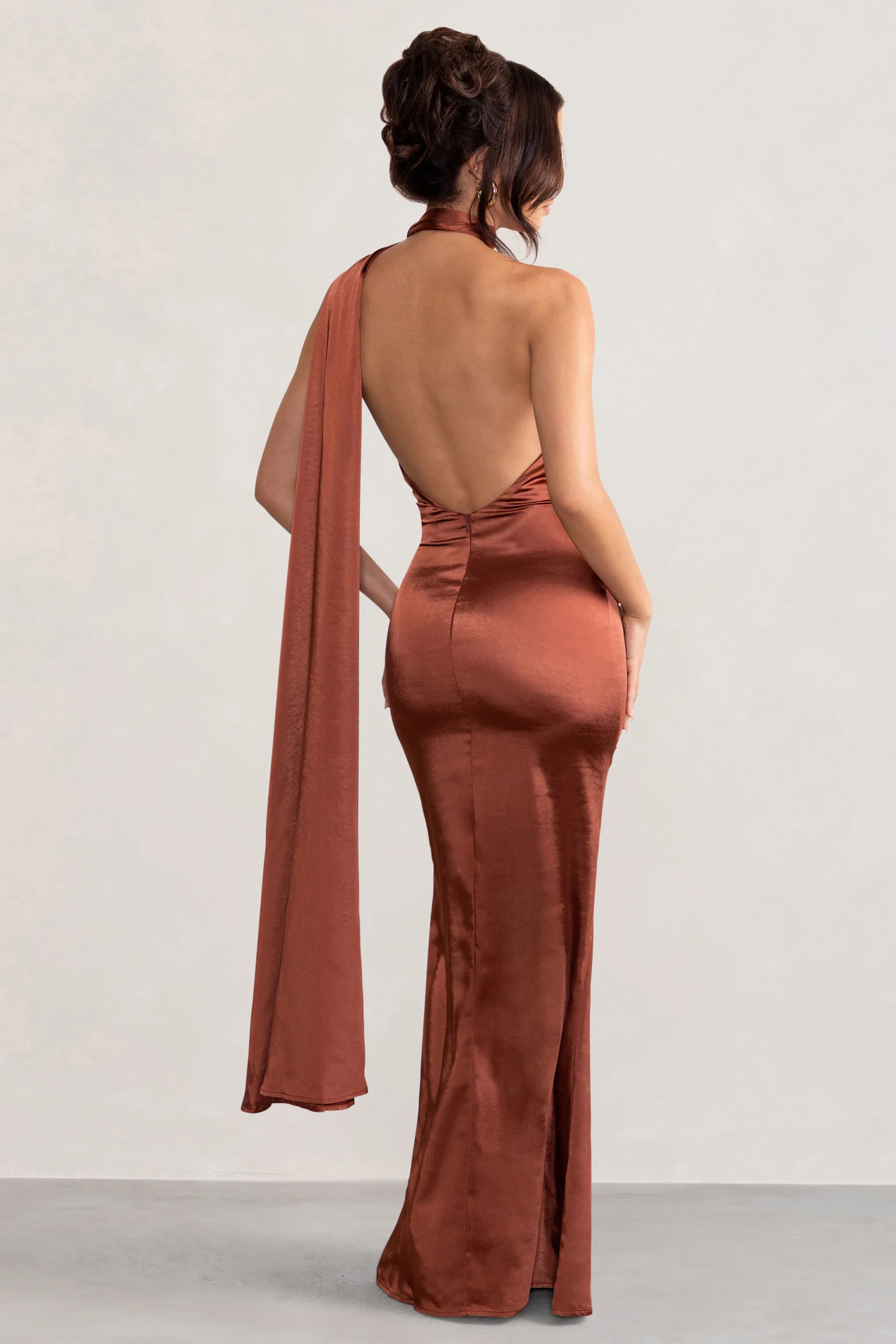 Mademoiselle | Rust Backless Satin Asymmetric Scarf Neck Maxi Dress