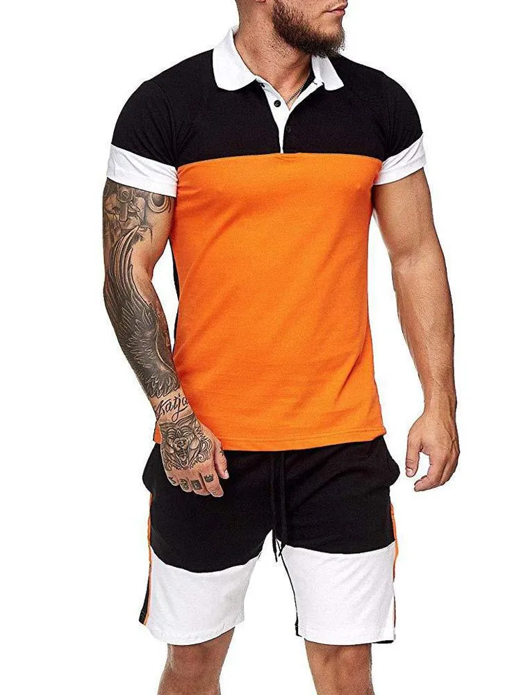 Men's Activewear 2-Piece Color Block Short Sleeves Turndown Collar Orange