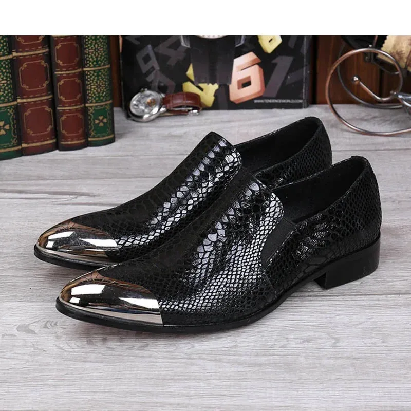 Men's Black Leather Solid Front Metal Cap Slip On Low Heels Oxford Shoes