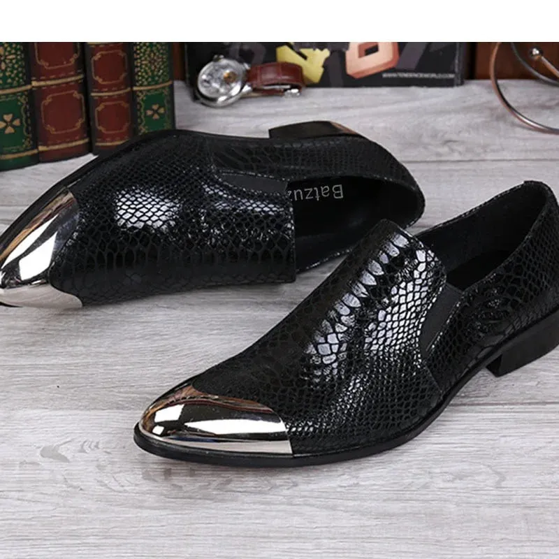 Men's Black Leather Solid Front Metal Cap Slip On Low Heels Oxford Shoes