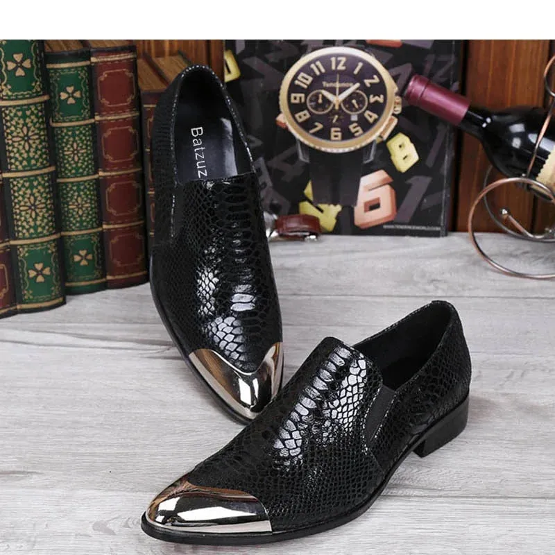 Men's Black Leather Solid Front Metal Cap Slip On Low Heels Oxford Shoes