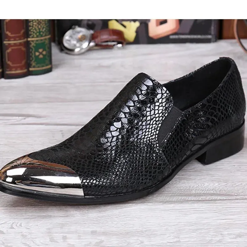 Men's Black Leather Solid Front Metal Cap Slip On Low Heels Oxford Shoes