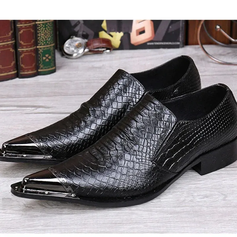 Men's Black Leather Solid Front Metal Cap Slip On Low Heels Oxford Shoes