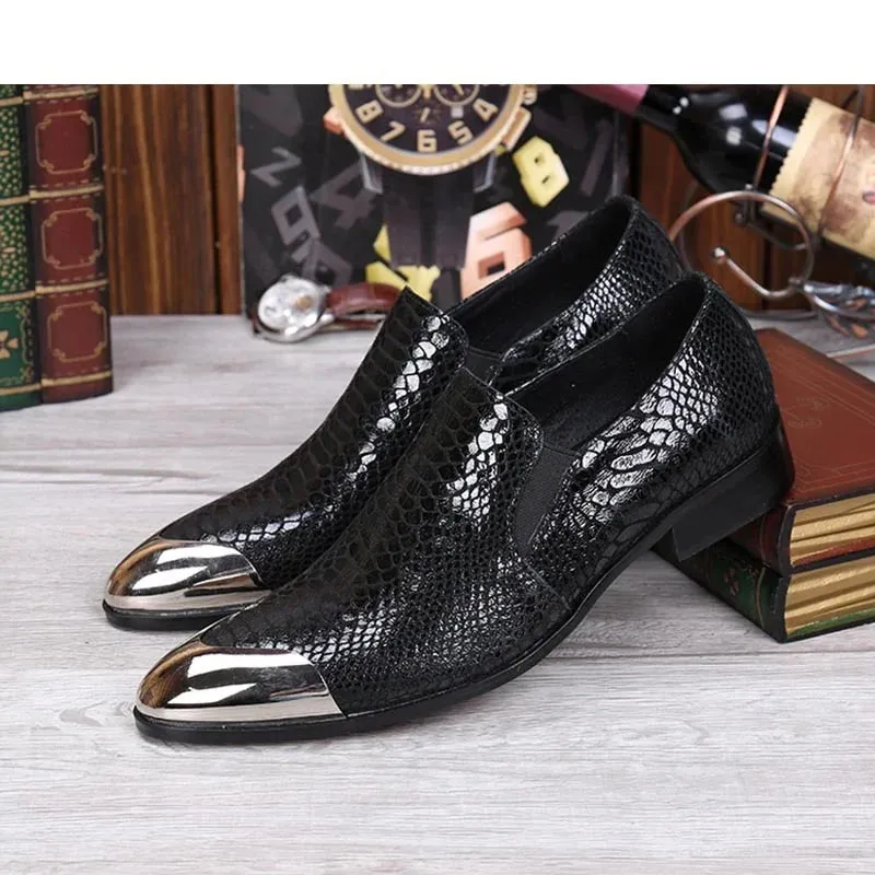 Men's Black Leather Solid Front Metal Cap Slip On Low Heels Oxford Shoes