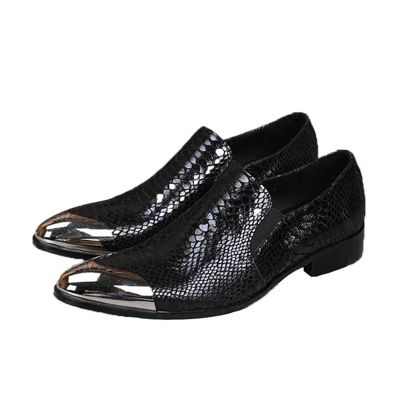 Men's Black Leather Solid Front Metal Cap Slip On Low Heels Oxford Shoes