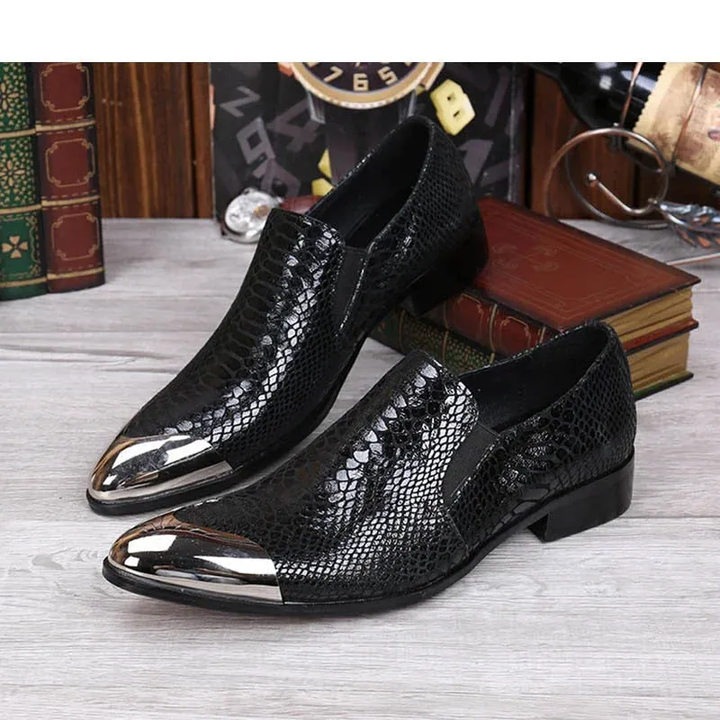 Men's Black Leather Solid Front Metal Cap Slip On Low Heels Oxford Shoes