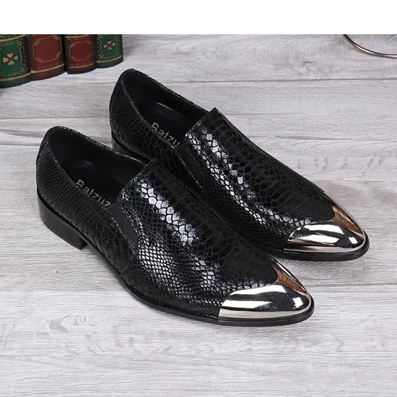 Men's Black Leather Solid Front Metal Cap Slip On Low Heels Oxford Shoes