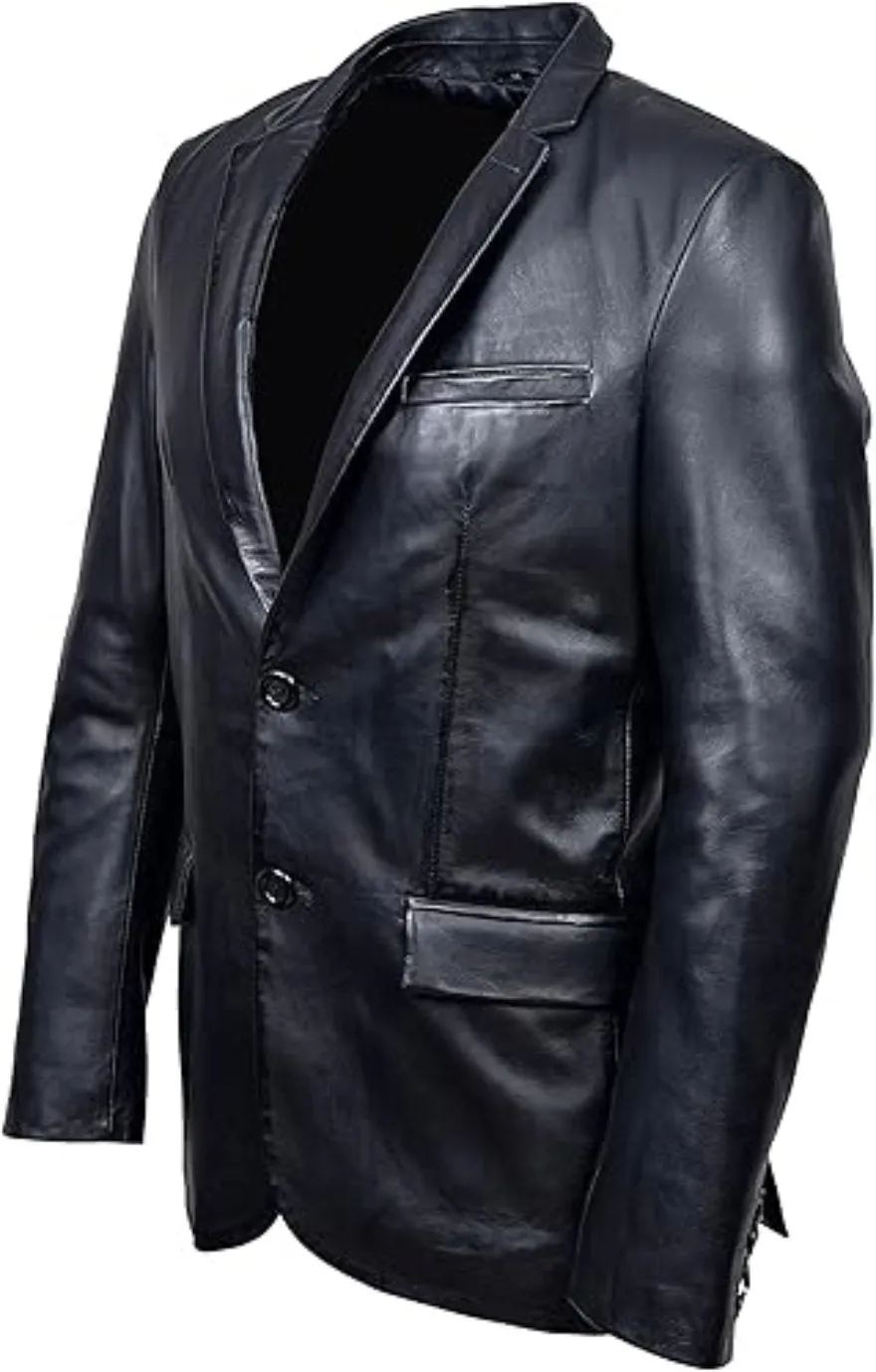 Mens Leather Blazer Jacket | 2 Button Black