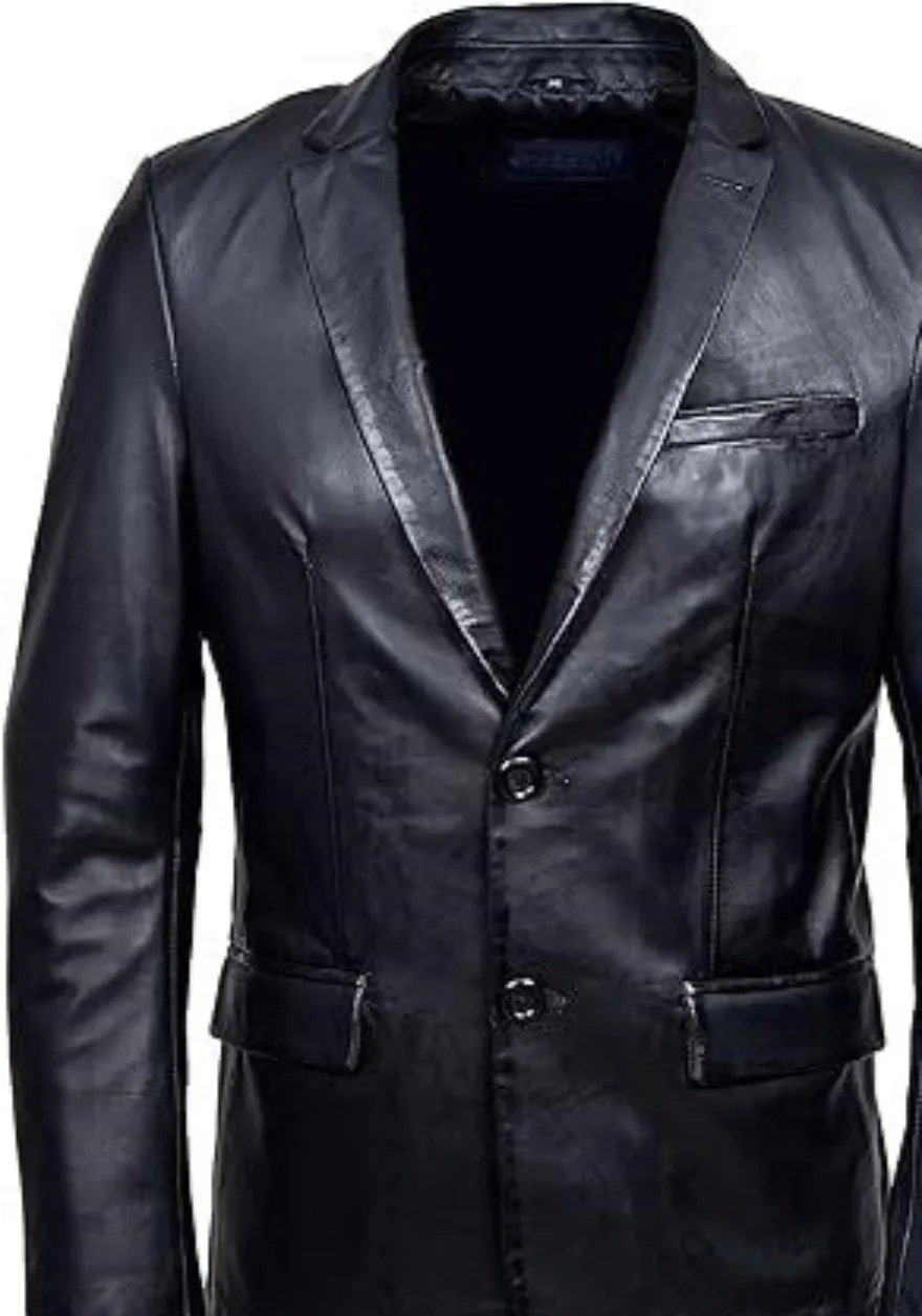 Mens Leather Blazer Jacket | 2 Button Black