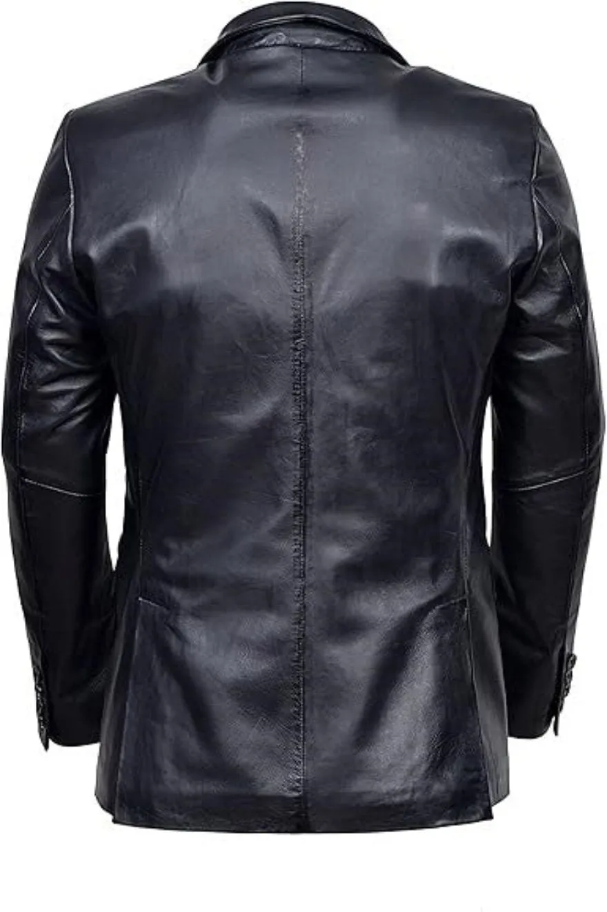 Mens Leather Blazer Jacket | 2 Button Black