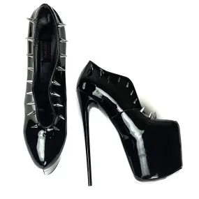 Mid Slit Black Gloss Spiked Ankle Cut High Heels