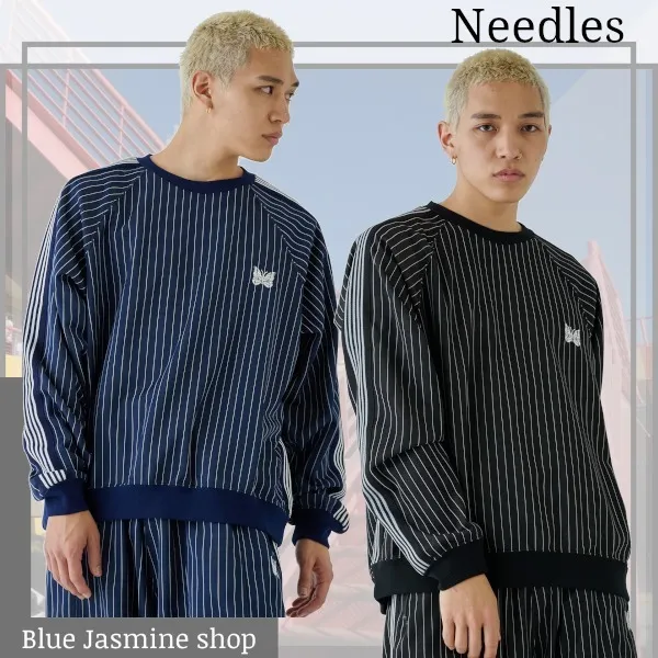 Needles  |Crew Neck Stripes Street Style Collaboration Long Sleeves