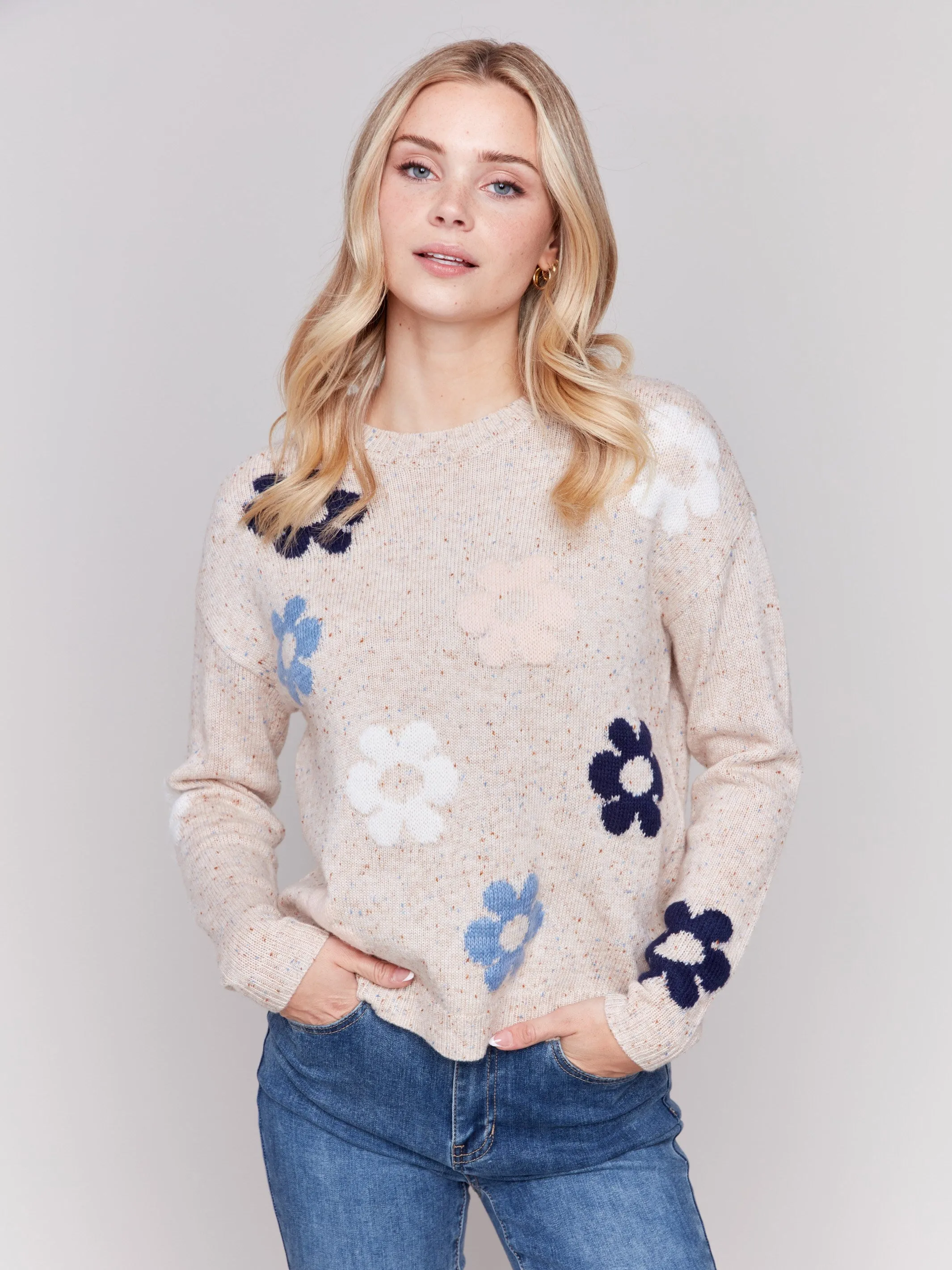 Nep Yarn Sweater with Flowers - Truffle