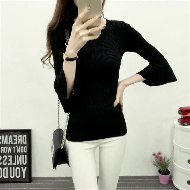 New Autumn Winter Female Striped Sweater Plus Size Thin Knitted Three Quarters Flare Sleeve O-neck Pullovers Hot  71787 GS