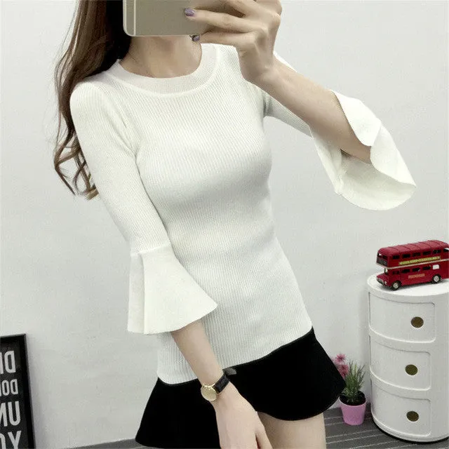 New Autumn Winter Female Striped Sweater Plus Size Thin Knitted Three Quarters Flare Sleeve O-neck Pullovers Hot  71787 GS