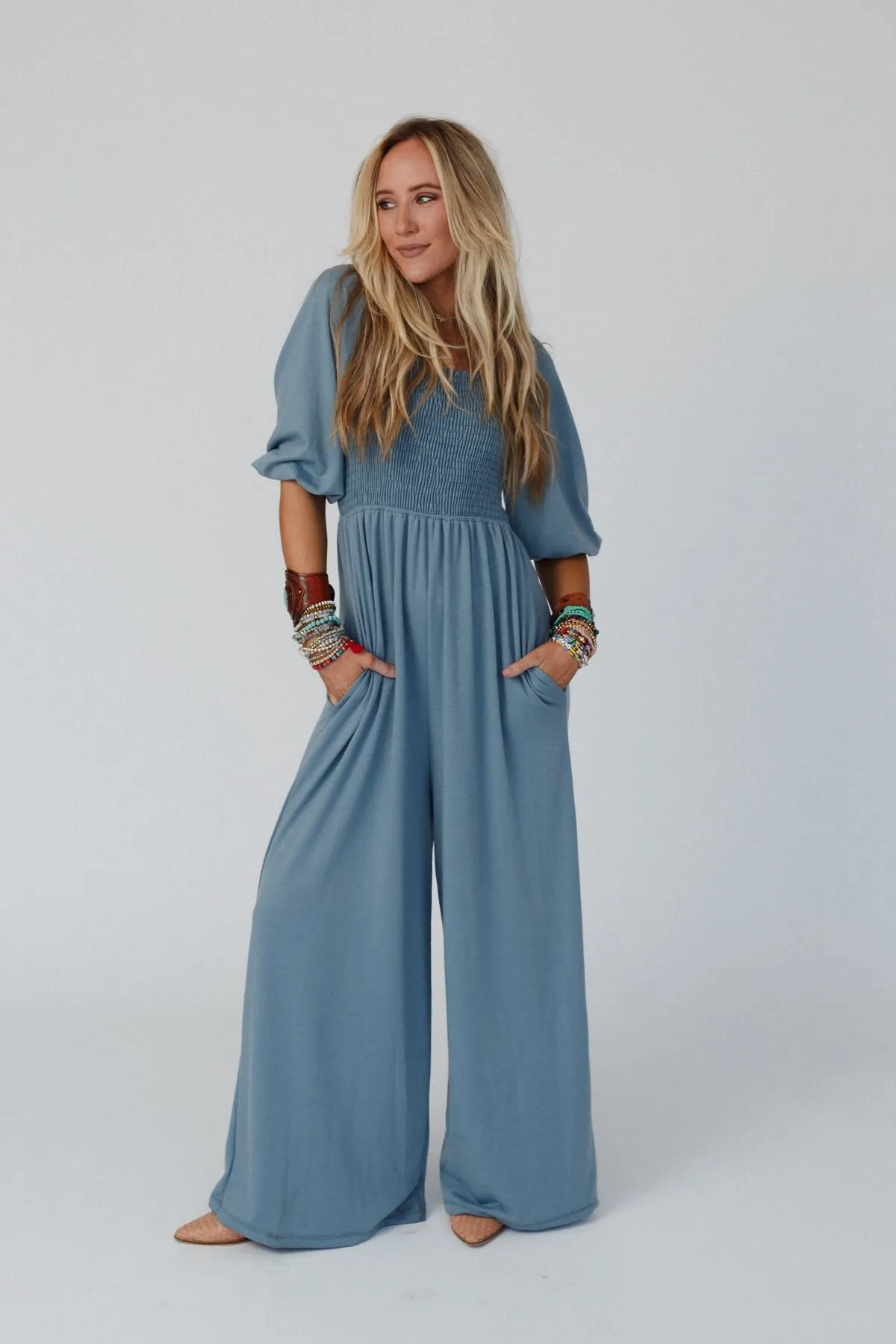 Nick Of Time Smocked Jumpsuit - Gunmetal