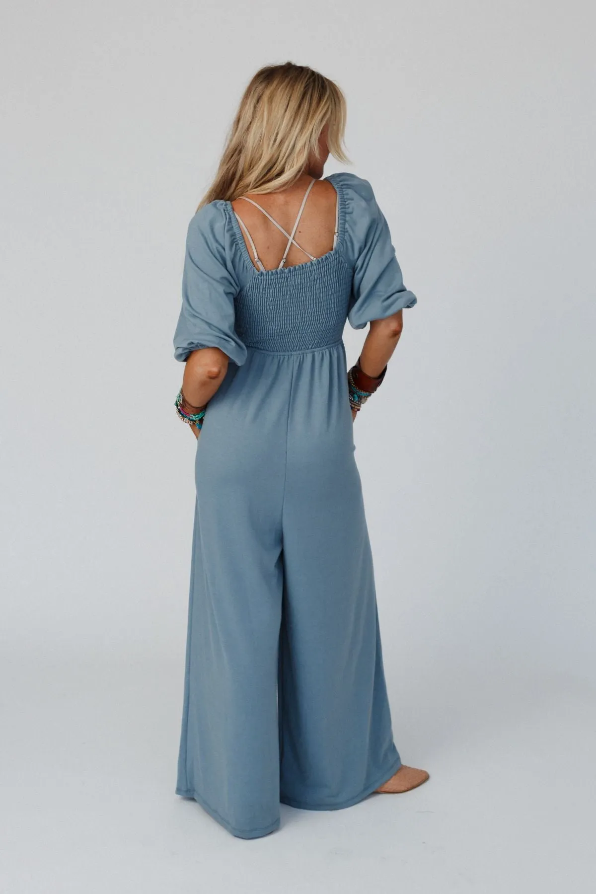 Nick Of Time Smocked Jumpsuit - Gunmetal