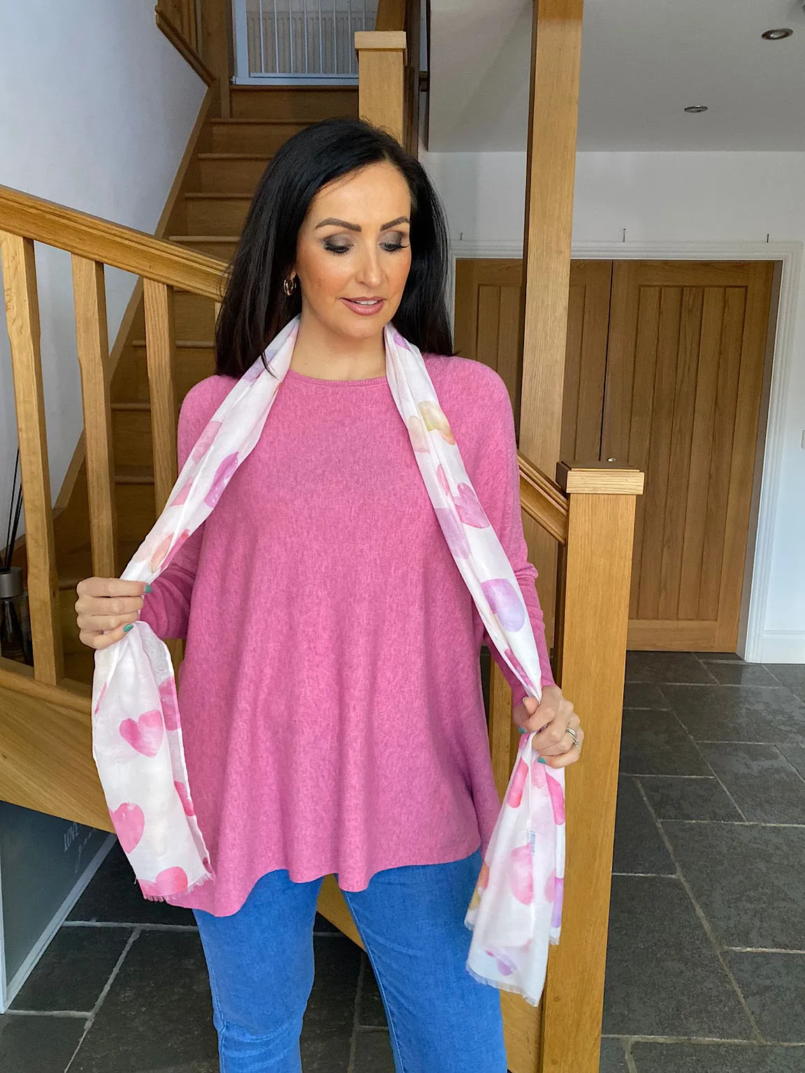 Pink Ribbed Sleeve Round Neck Knit Hayley