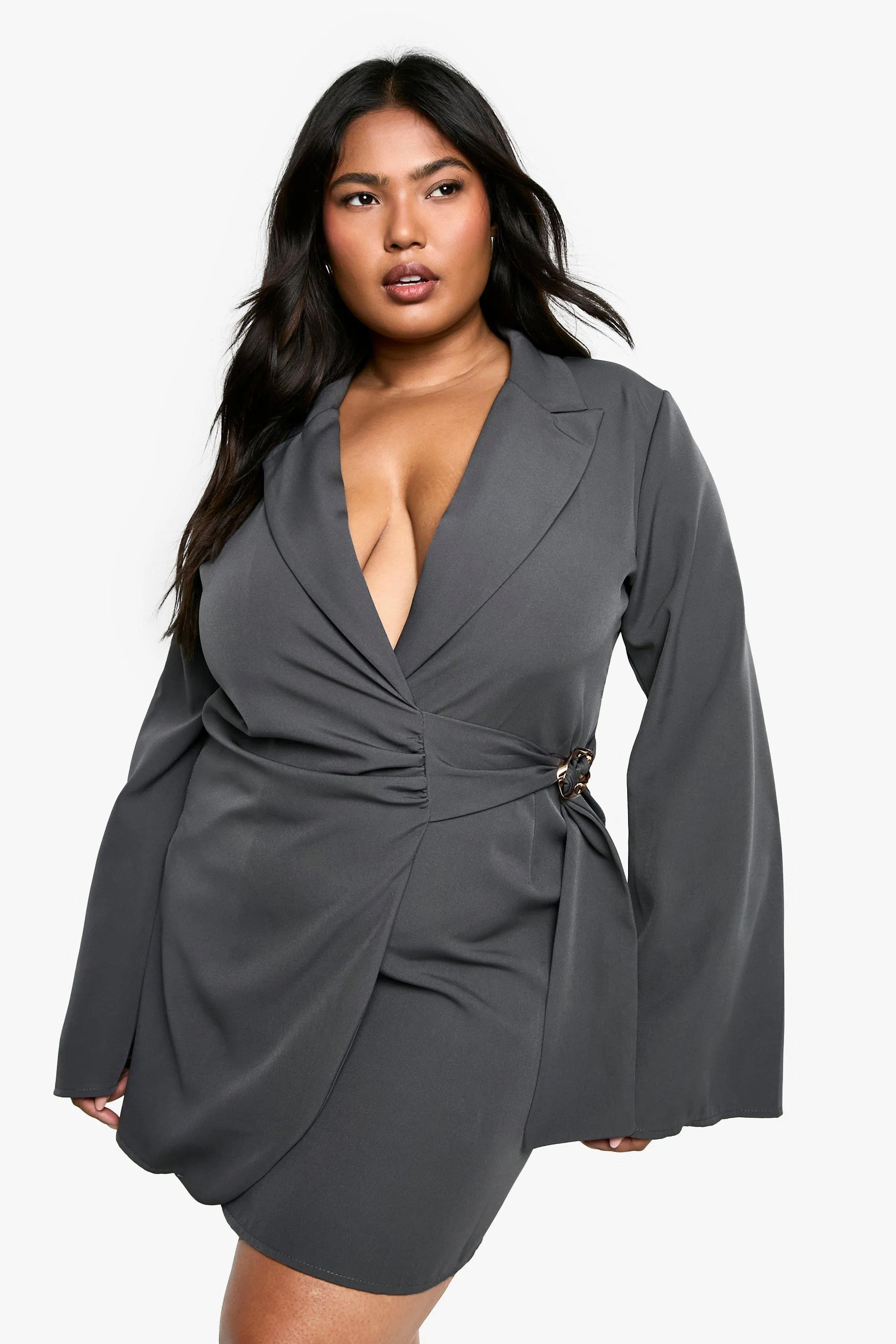 Plus Buckle Detail Tie Waist Tailored Blazer Dress