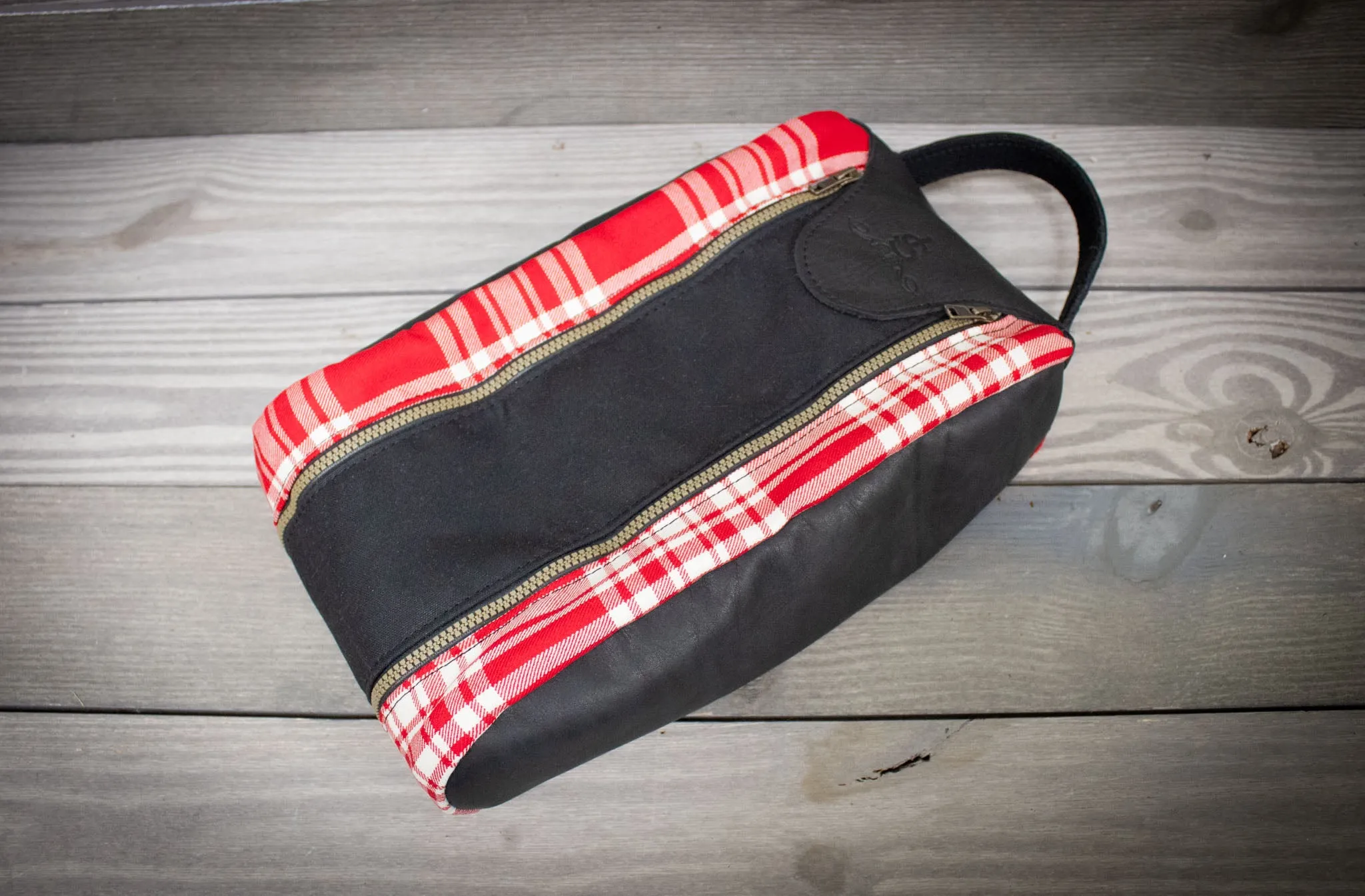 Red and White Menzies Tartan and Black Leather Shoe Bag