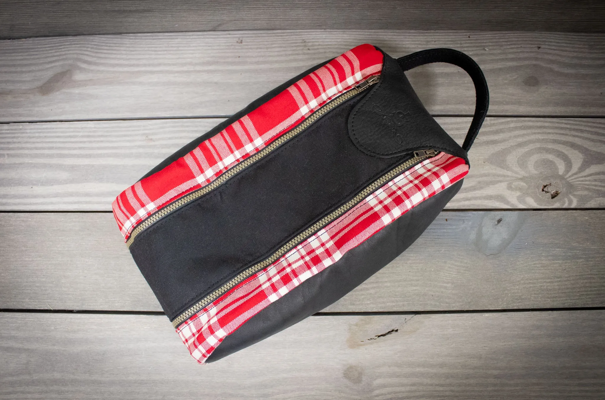 Red and White Menzies Tartan and Black Leather Shoe Bag