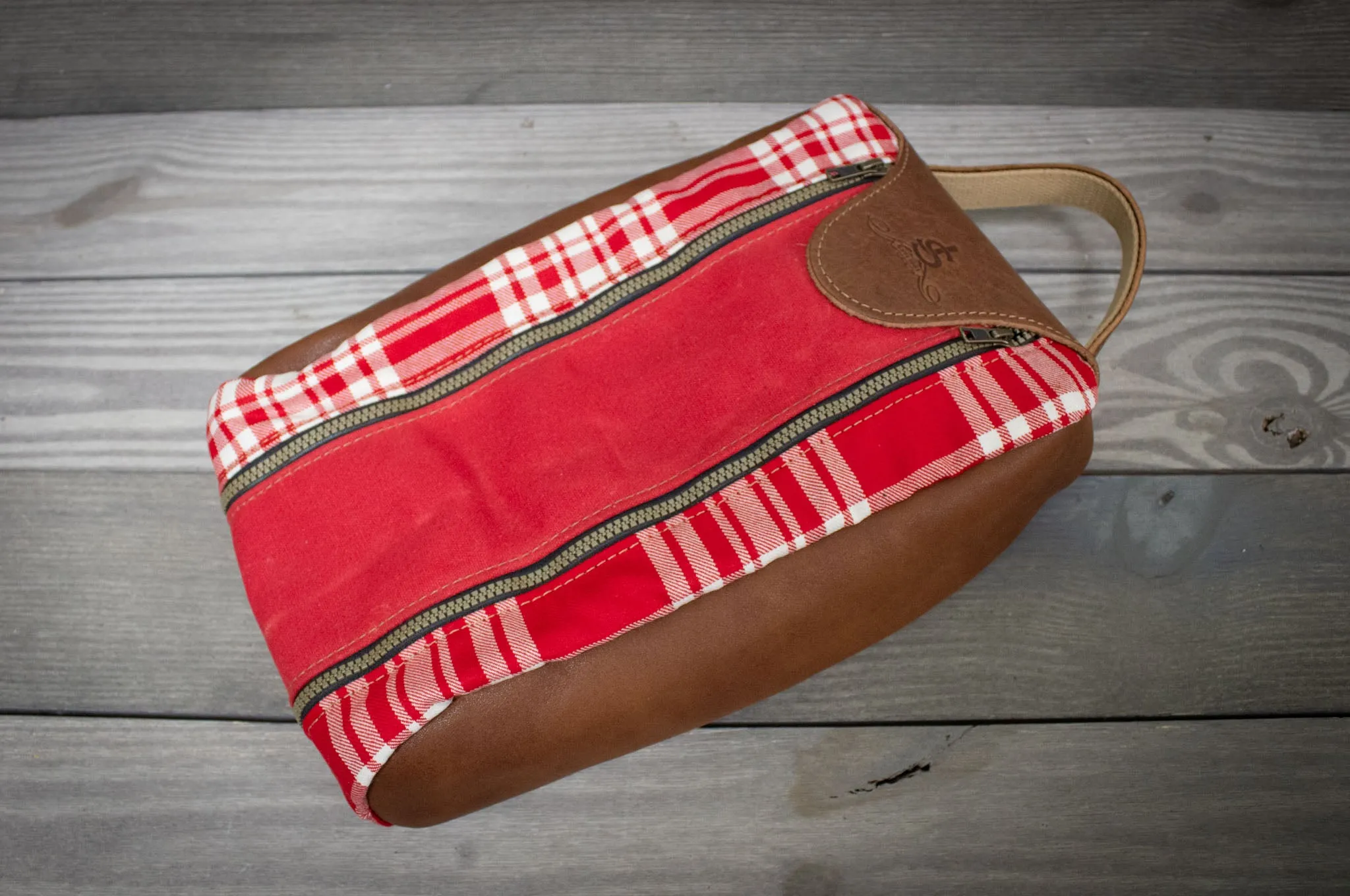 Red and White Menzies Tartan and Natural Leather Shoe Bag