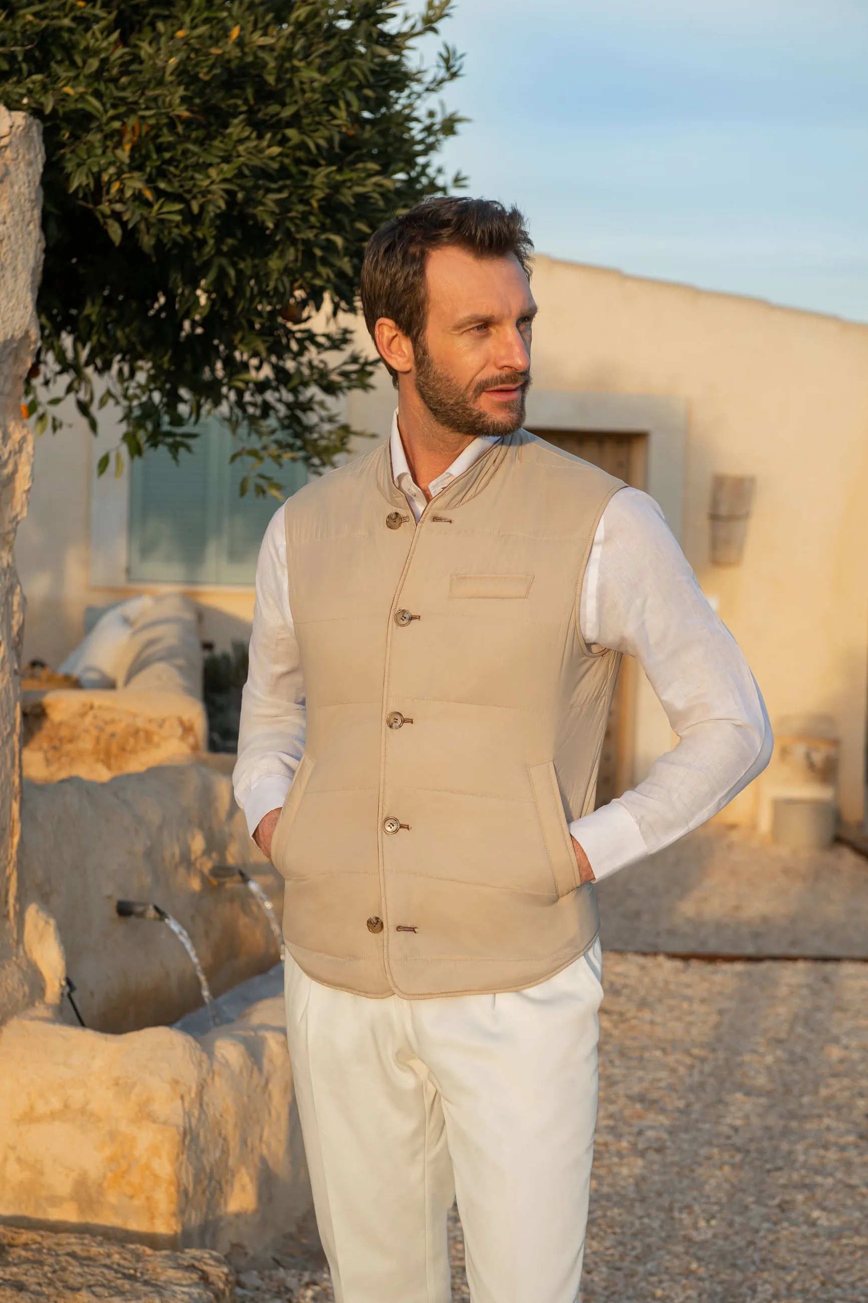 Rusty and beige reversible vest in Loro Piana fabric – Made in Italy