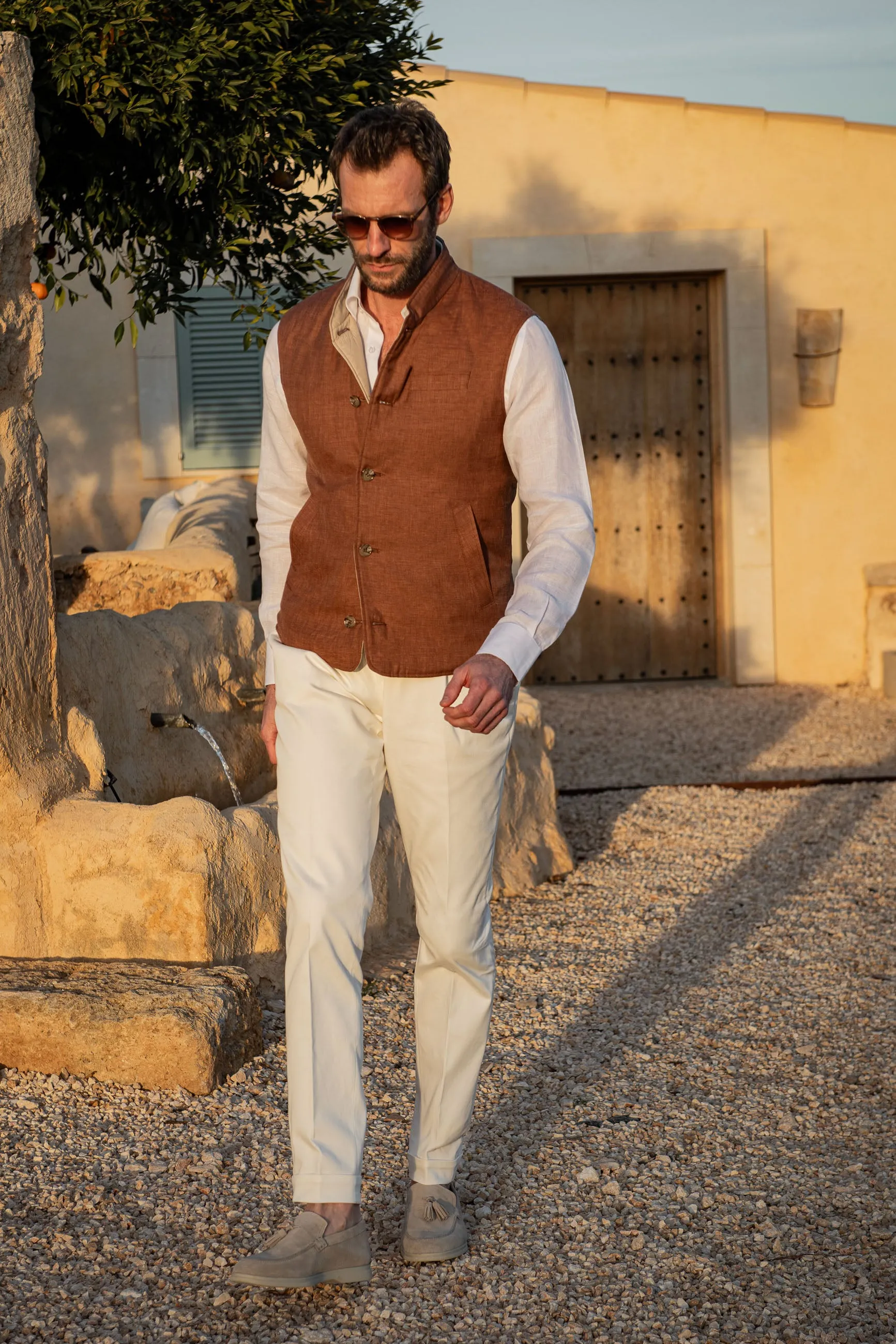 Rusty and beige reversible vest in Loro Piana fabric – Made in Italy