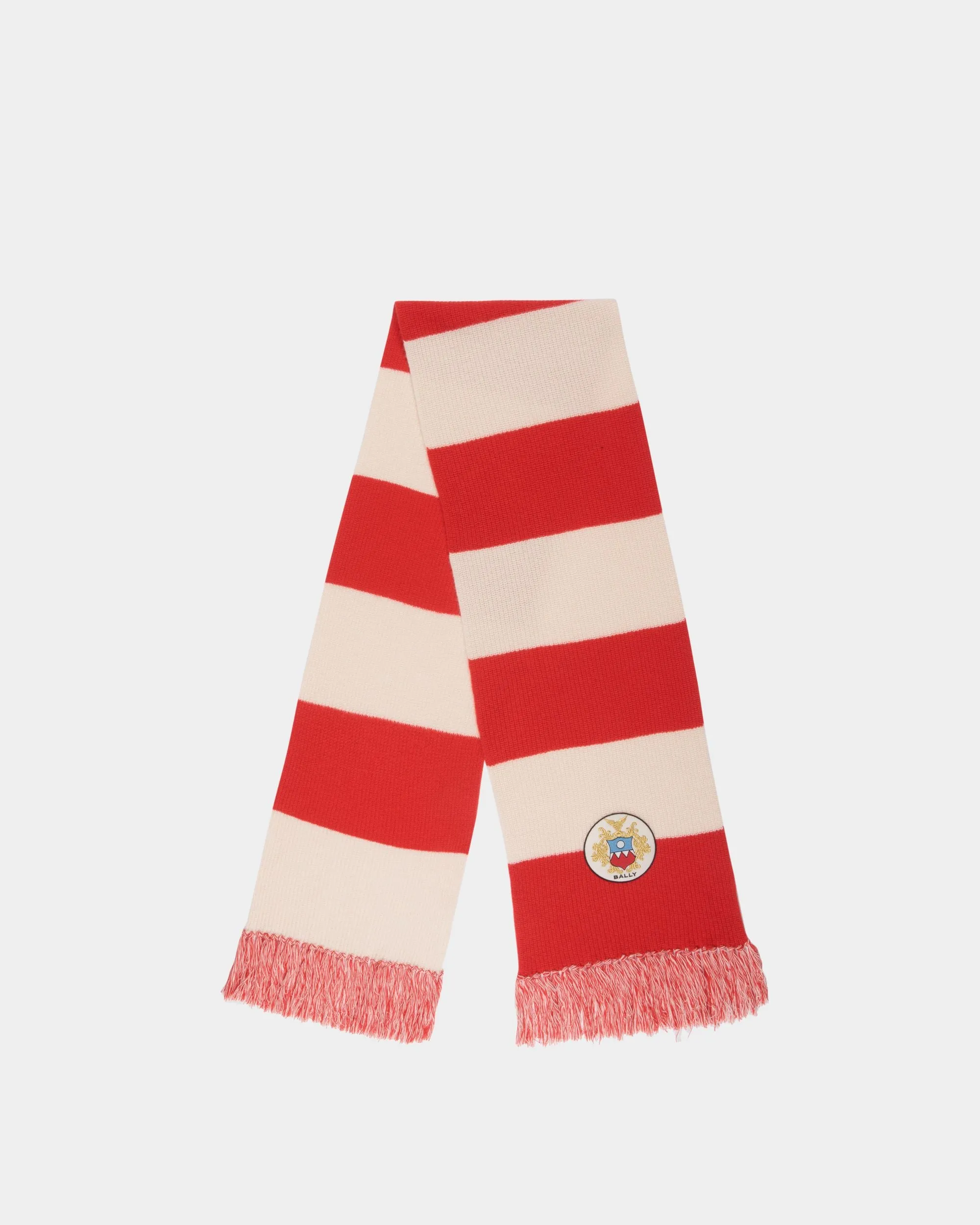 Scarf With a Bally Crest Logo in Candy Red and Ivory Wool 