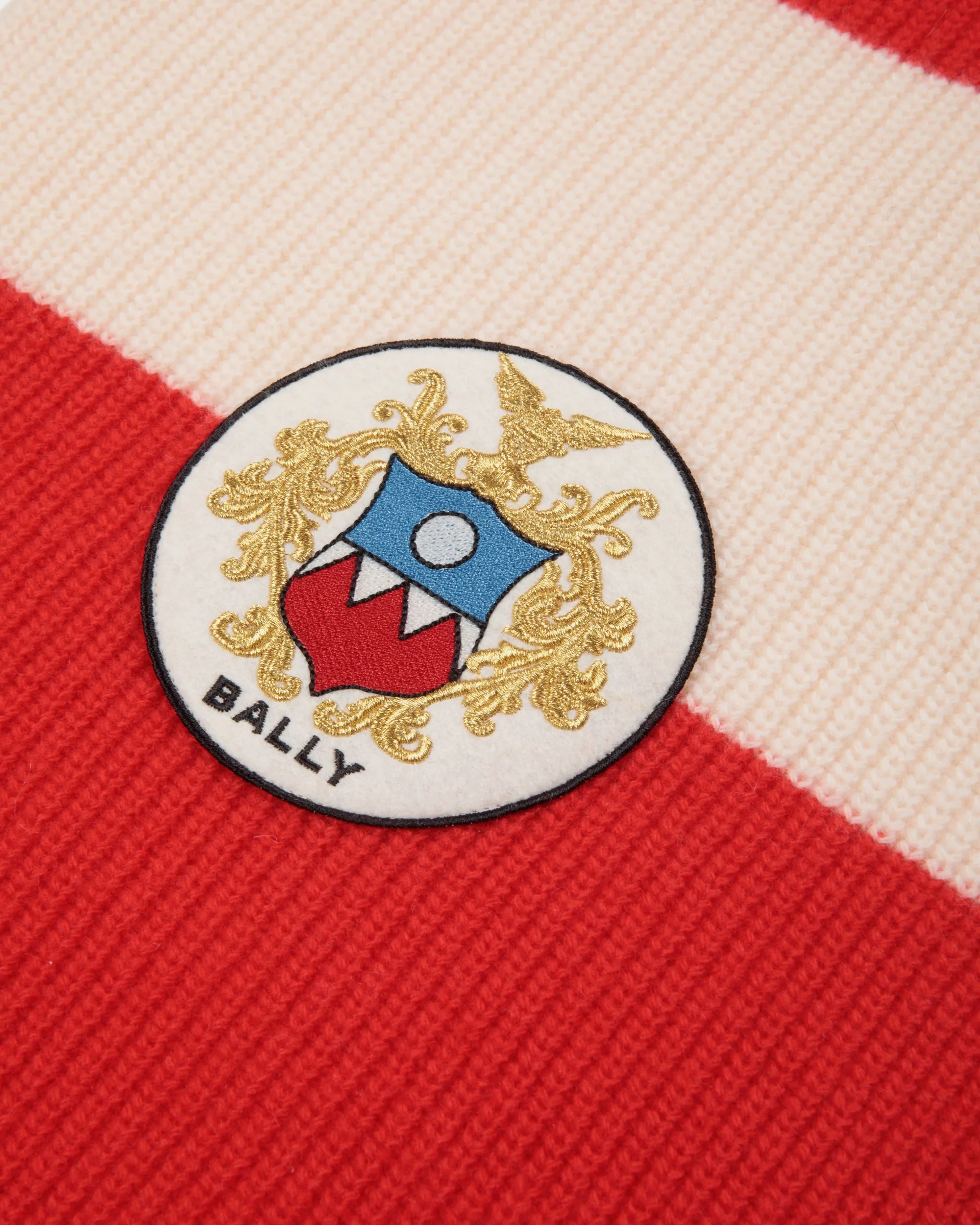 Scarf With a Bally Crest Logo in Candy Red and Ivory Wool 