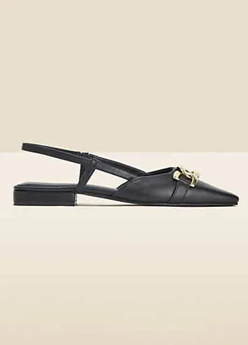 Sosandar Black Leather Pointed Toe Flat Slingback Shoes with Gold Trim | Grattan