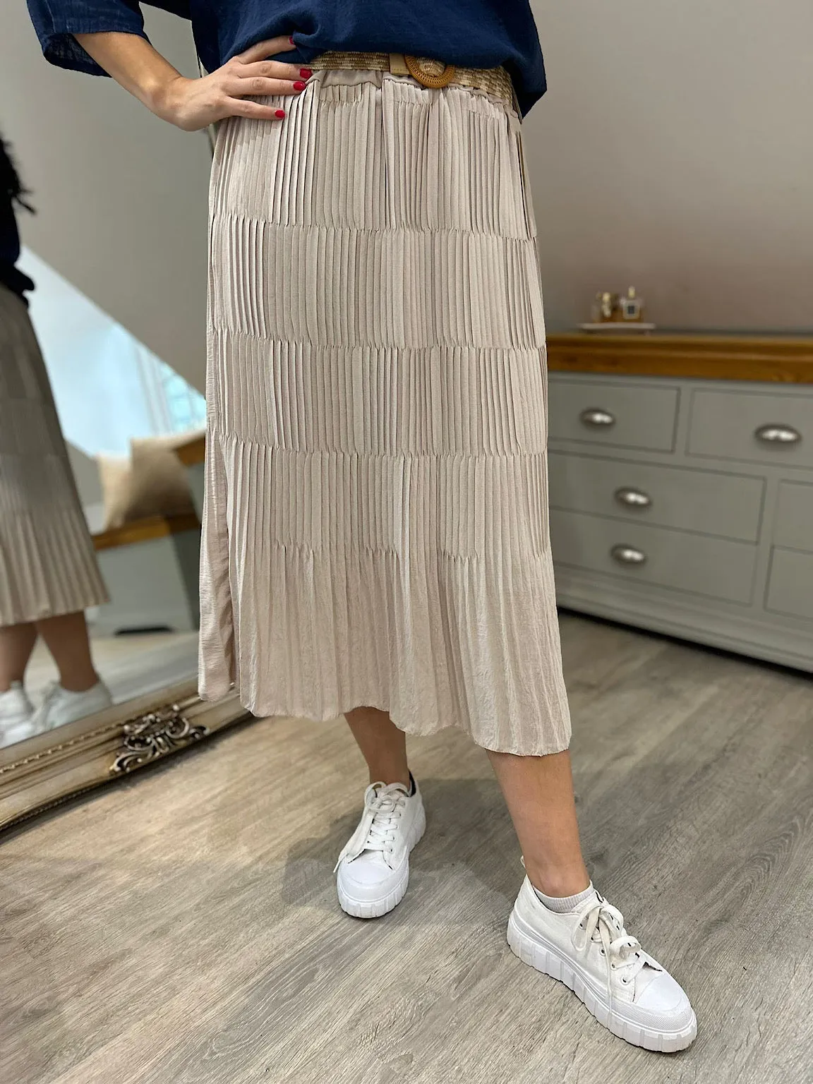 Stone Pleated Stripe Belted Skirt