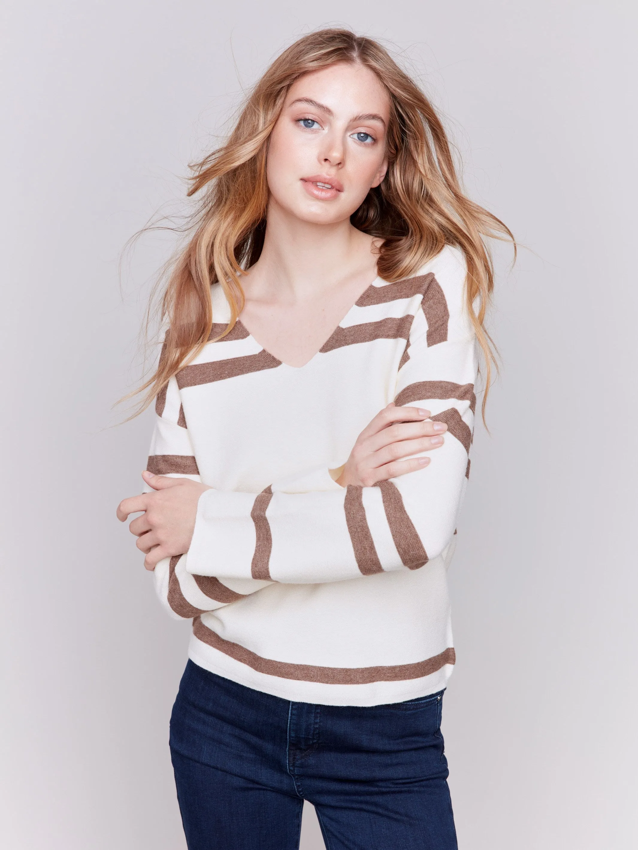 Striped Sweater with V-Neck - Ecru