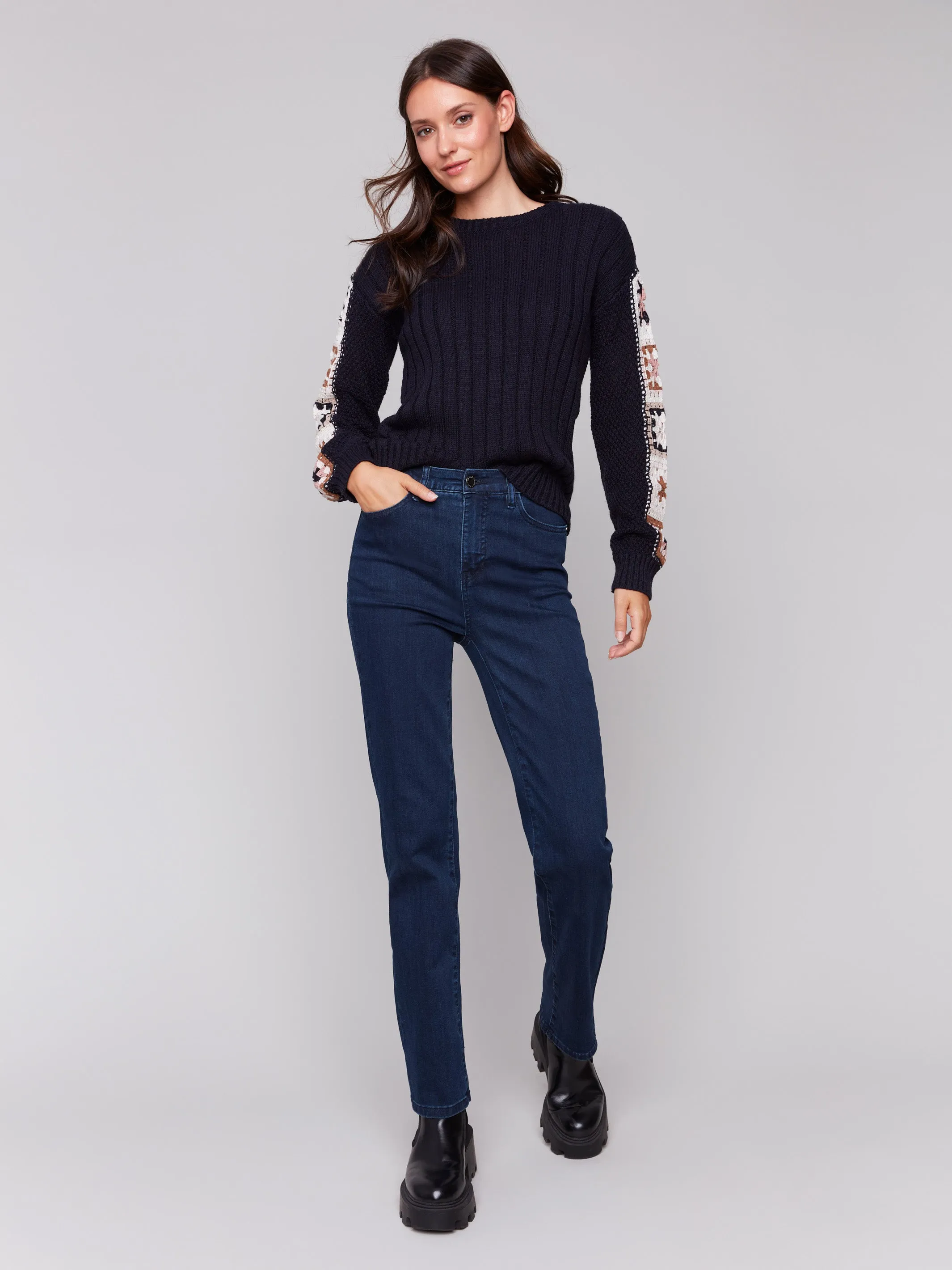 Sweater with Crochet Sleeves - Navy